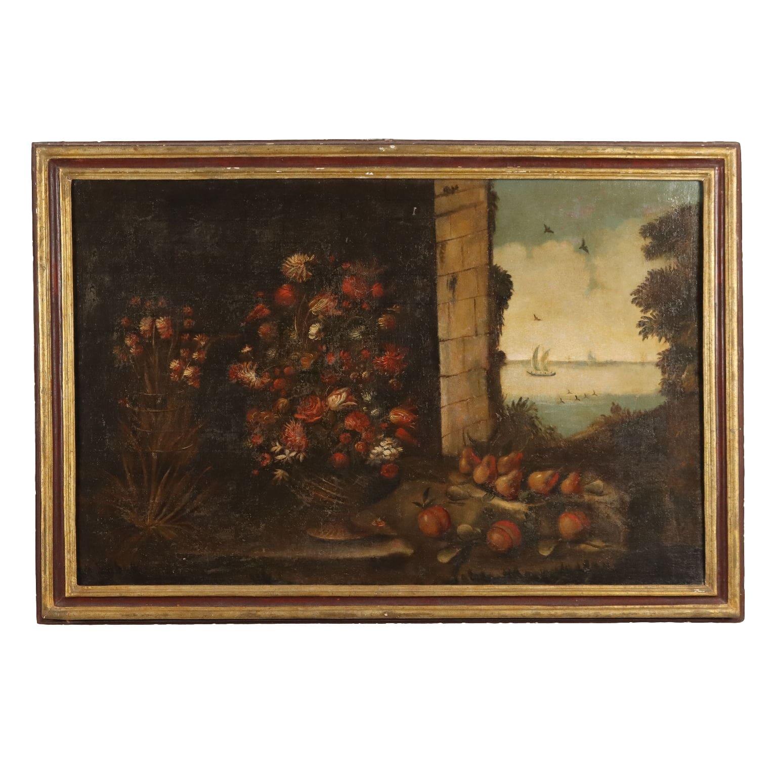 Unknown Still-Life Painting - Painting Still Life with Flowers and Fruit 17th-18th century