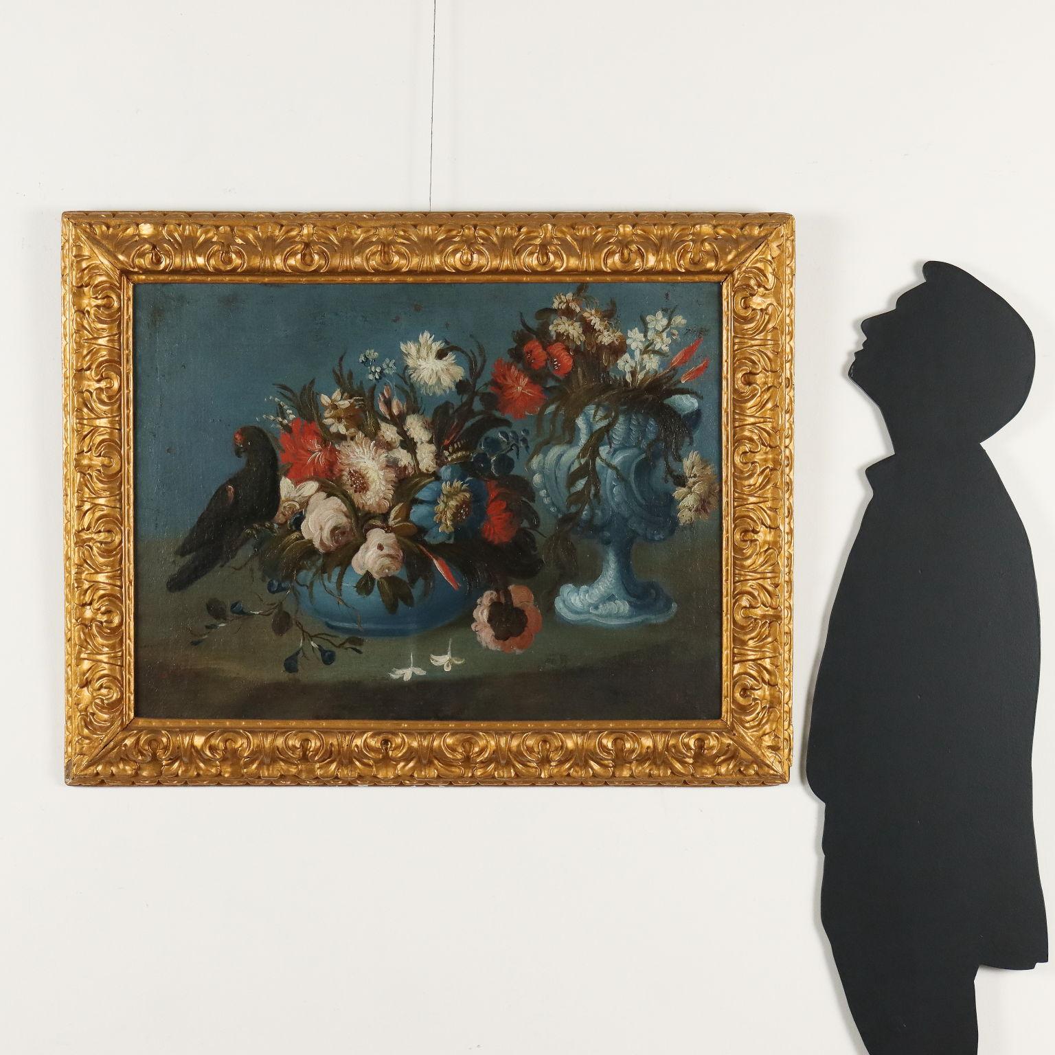 Gemälde Stilleben mit Blumen und Papagei 19. Jahrhundert – Painting von Unknown