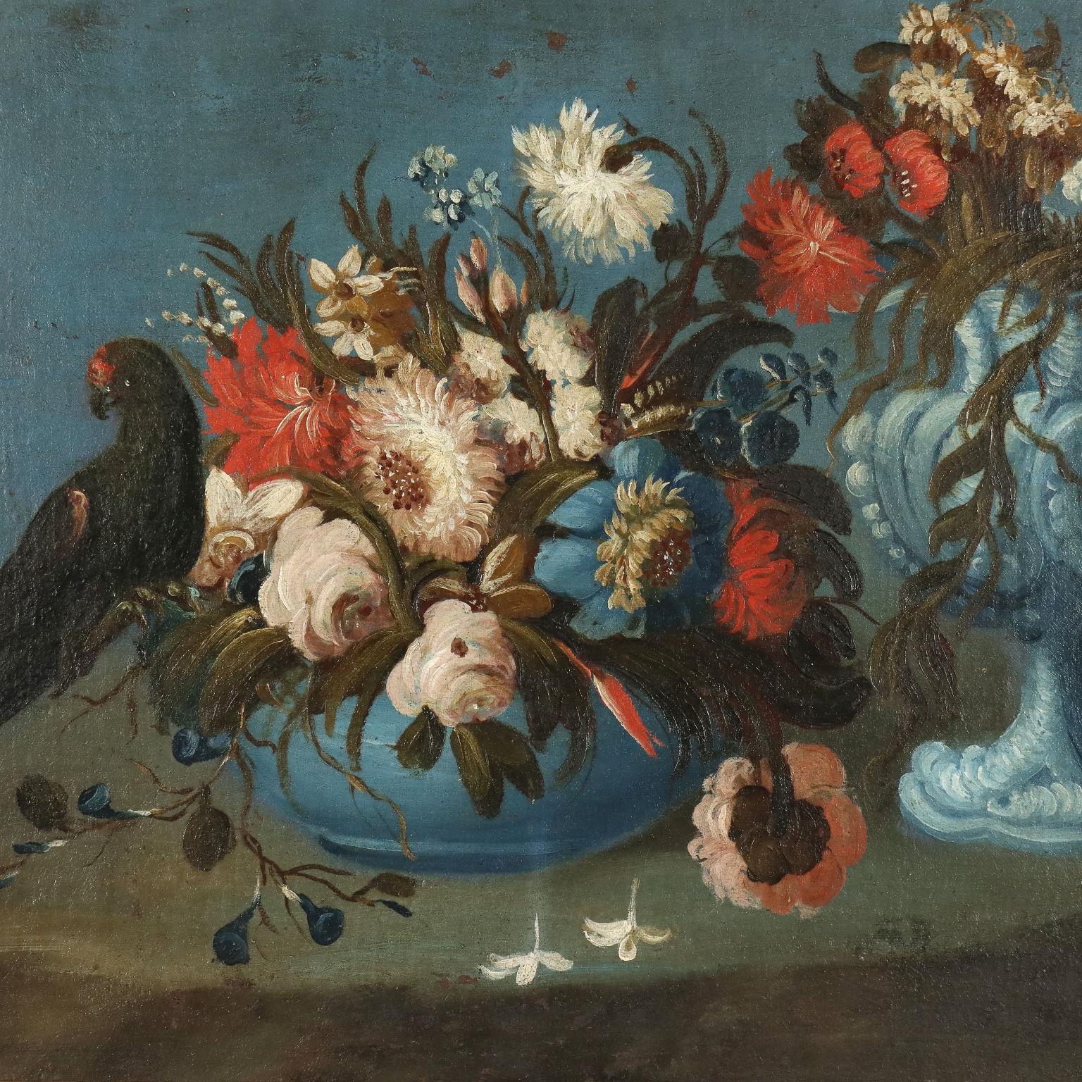 Gemälde Stilleben mit Blumen und Papagei 19. Jahrhundert (Sonstige Kunststile), Painting, von Unknown