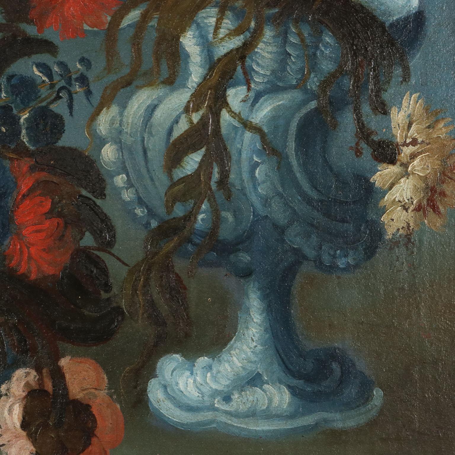 Gemälde Stilleben mit Blumen und Papagei 19. Jahrhundert (Black), Still-Life Painting, von Unknown