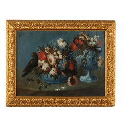Peinture Nature morte aux fleurs et perroquet 19e siècle