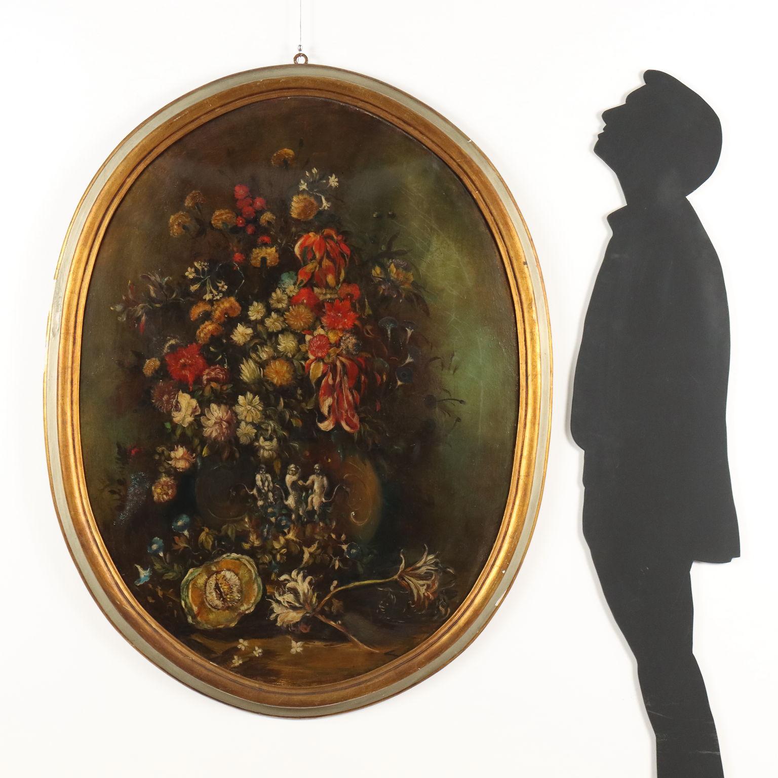 Pintura Naturaleza muerta con flores y calabaza, primera mitad del siglo XX - Painting de Unknown