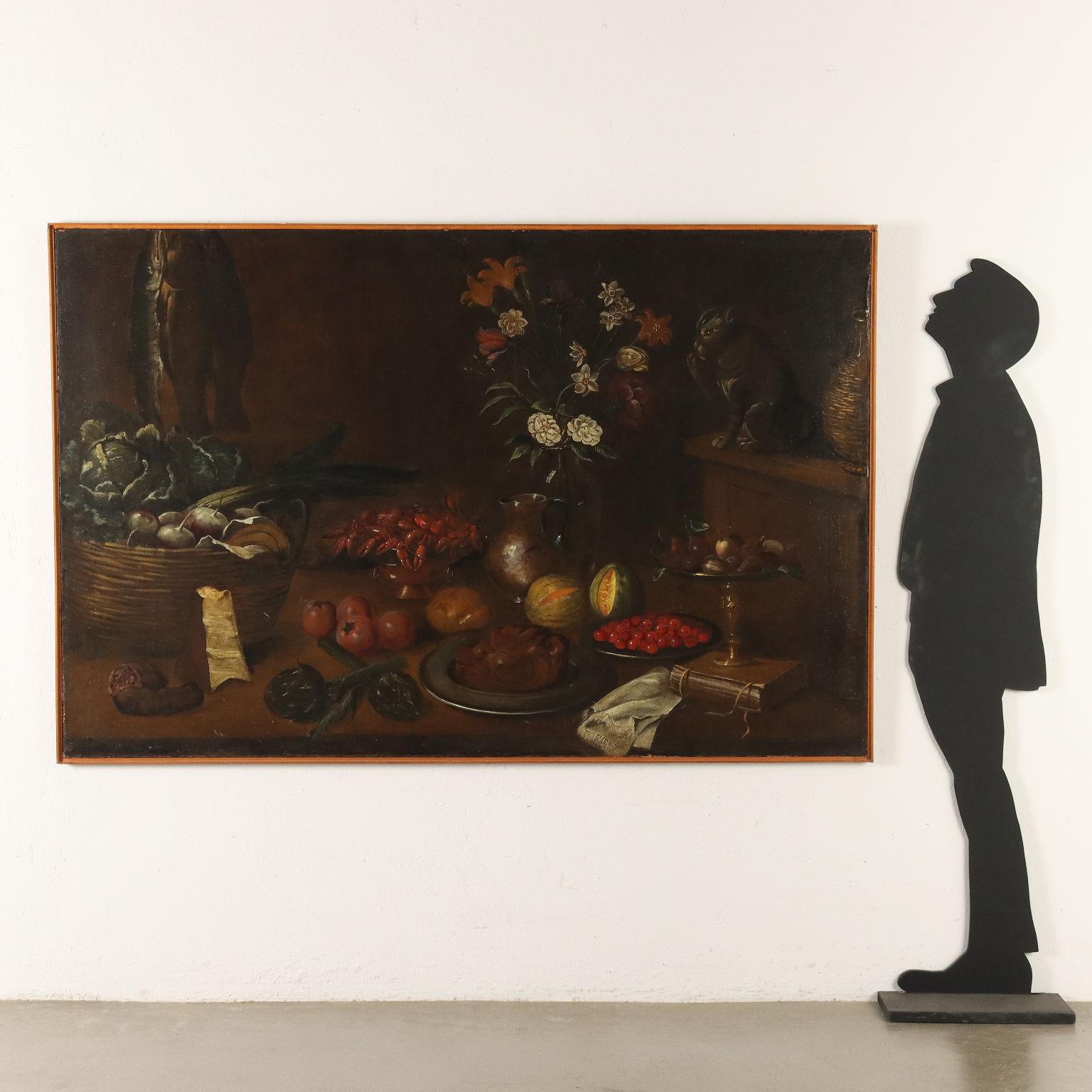 Dipinto Natura morta con Frutta, Ortaggi e Gatto – Painting von Unknown