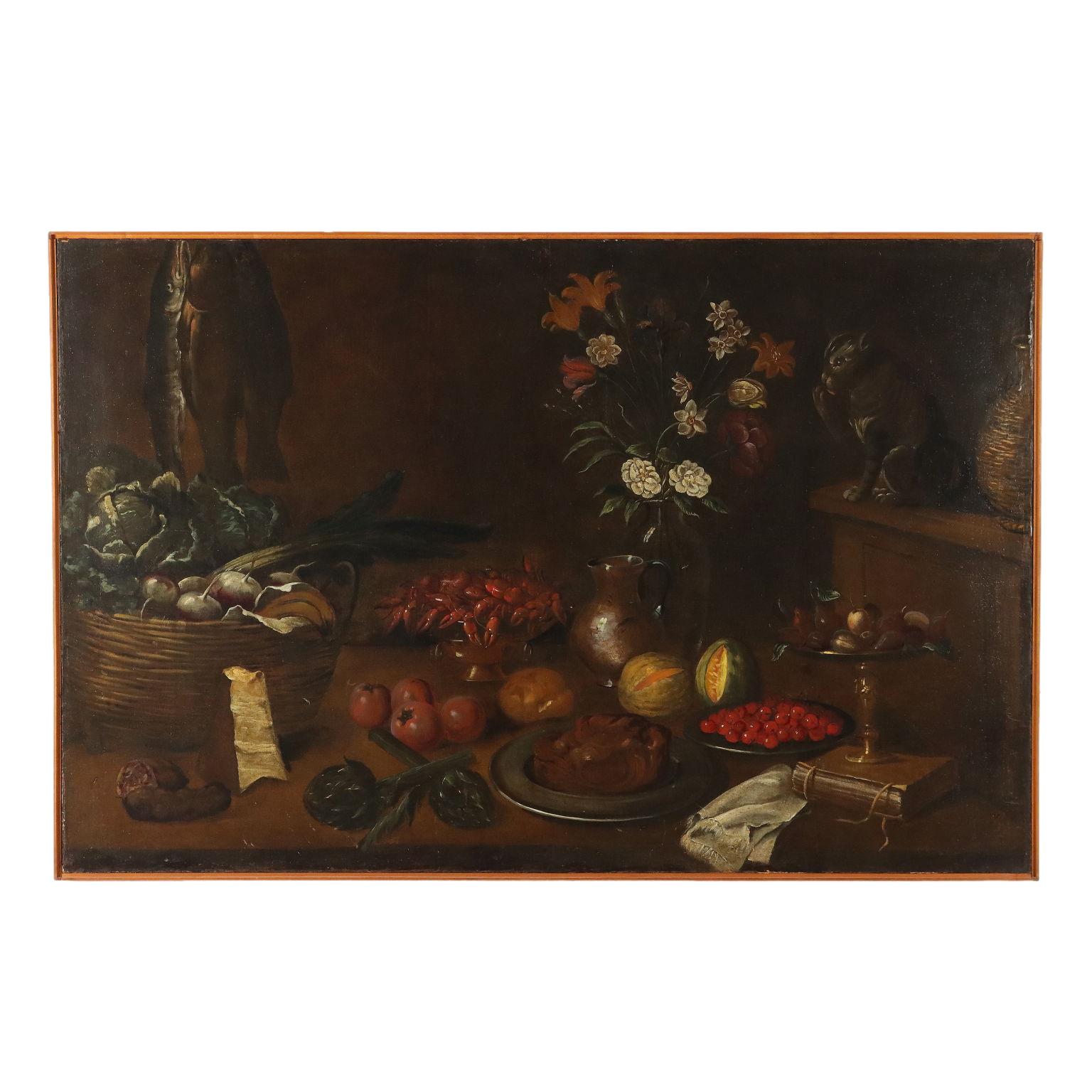Unknown Still-Life Painting – Dipinto Natura morta con Frutta, Ortaggi e Gatto