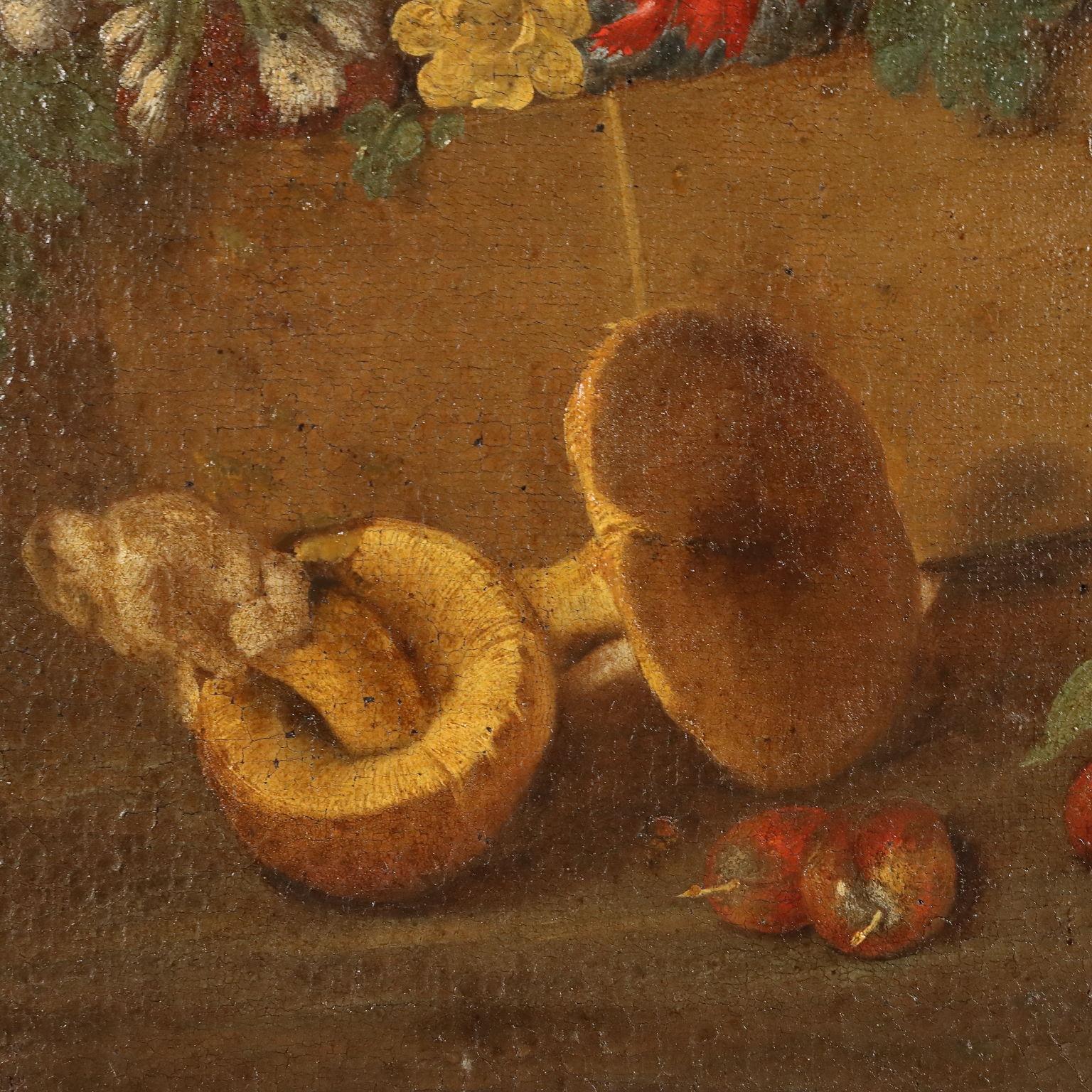 Dipinto Natura Morta con Funghi e Fiori XVIII secolo For Sale 1