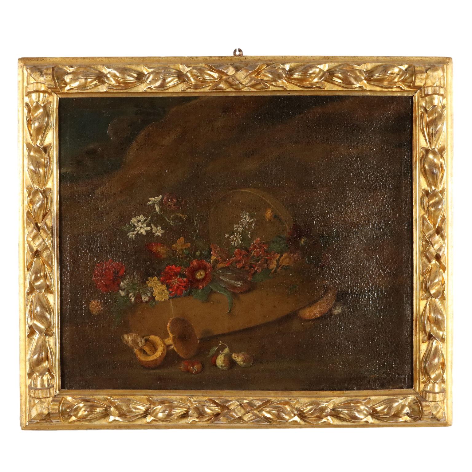Unknown Still-Life Painting - Dipinto Natura Morta con Funghi e Fiori XVIII secolo