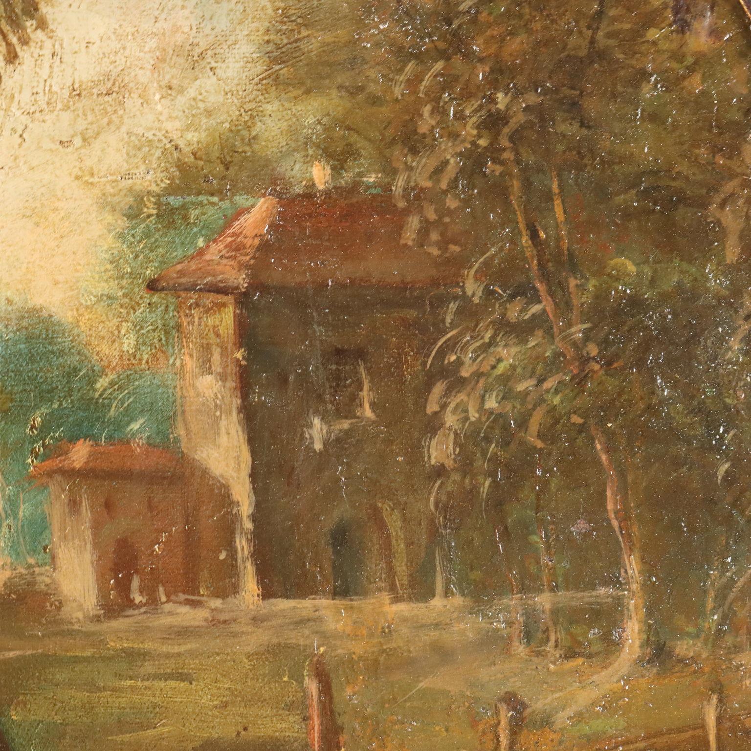 Ovales Gemälde Landschaft mit Figuren spätes 19. und frühes 20 im Angebot 3