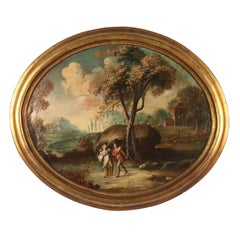 Oval painting Landscape with Figures late 1800s early 1900s