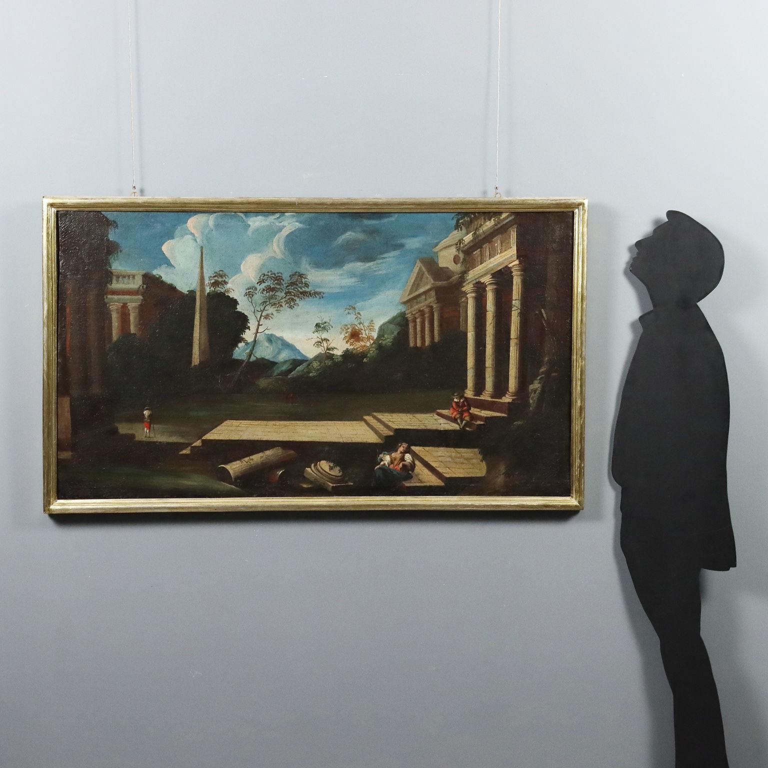 Dipinto Paesaggio con Architetture e Figure XVIII secolo – Painting von Unknown