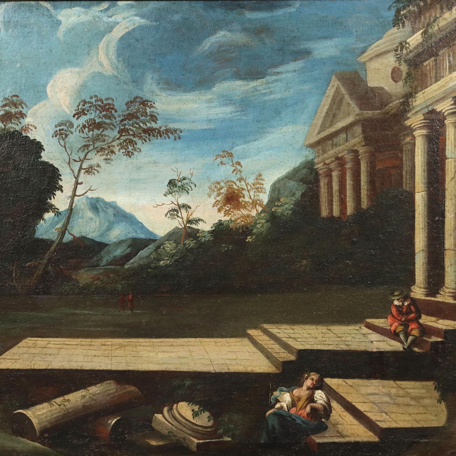Dipinto Paesaggio con Architetture e Figure XVIII secolo (Sonstige Kunststile), Painting, von Unknown