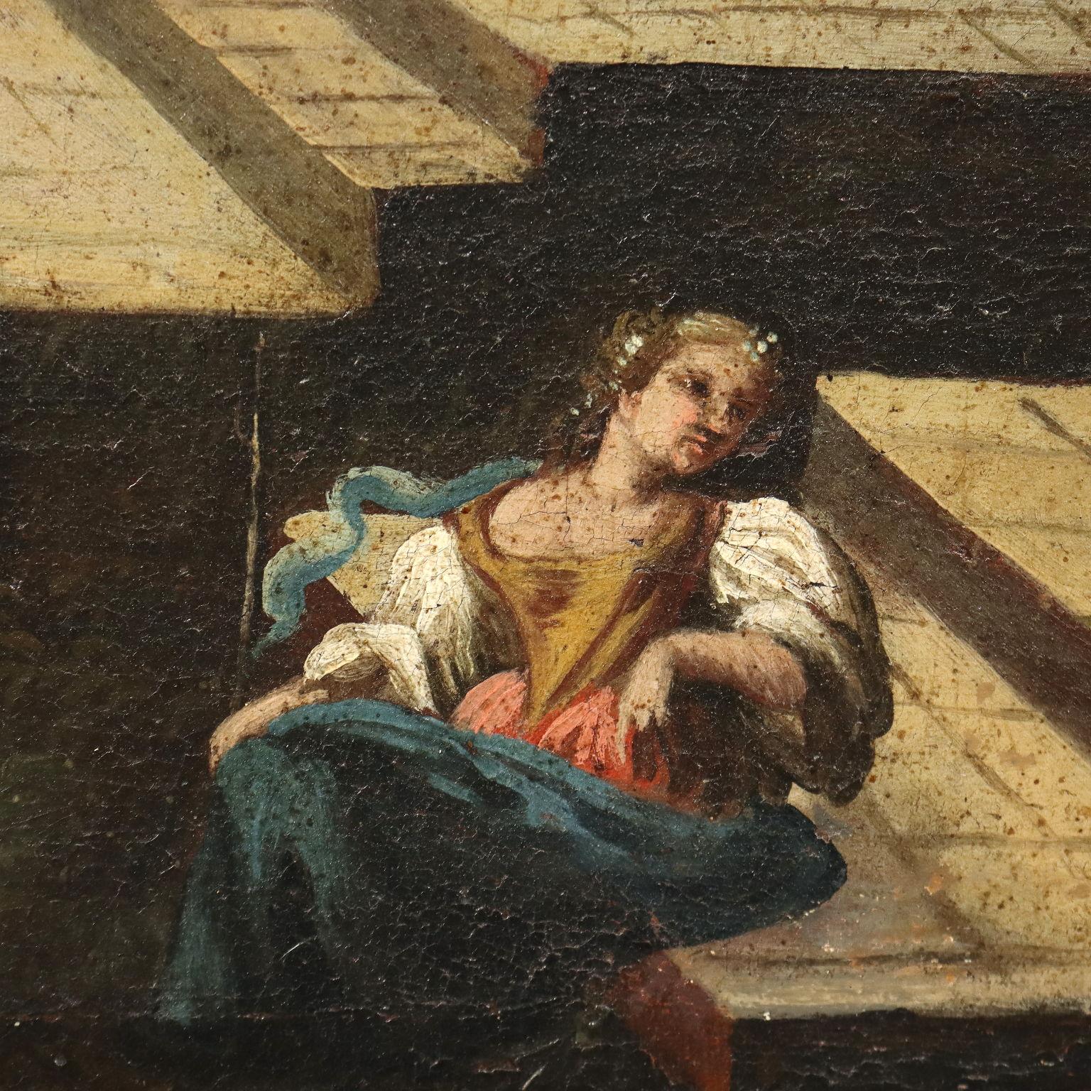 Dipinto Paesaggio con Architetture e Figure XVIII secolo (Grau), Landscape Painting, von Unknown