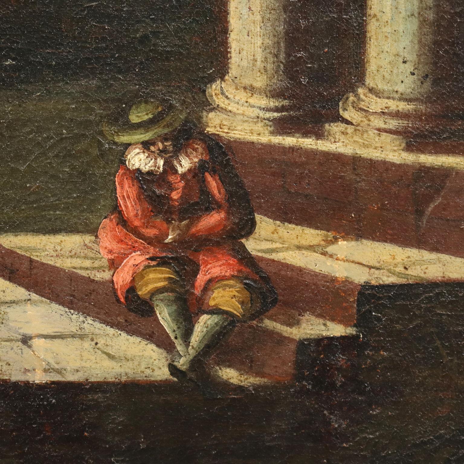 Dipinto antico paesaggio con architetture e figure olio su tela. 
Es handelt sich um ein klassisches architektonisches Capriccio, aber auch um eine Landschaft, in die architektonische Strukturen, zum Teil Felsen, imponierende klassische Gebäude