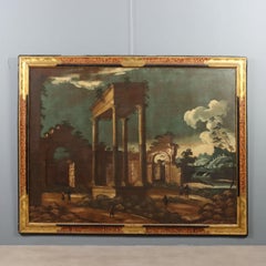 Dipinto Paesaggio con Architetture e Personaggi Olio su tela. XVIII secolo