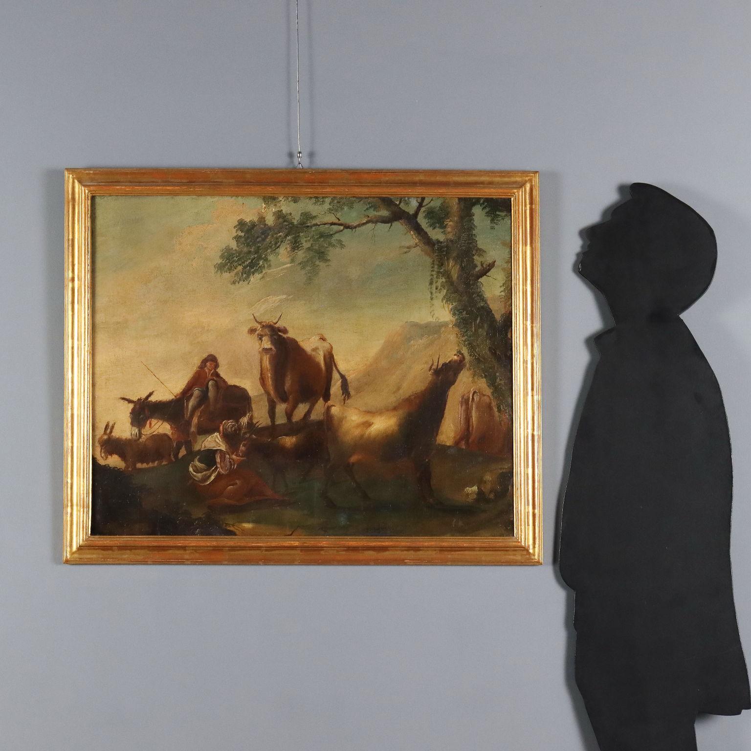 Peinture Paysage avec bergers et bergères 17-18ème siècle - Painting de Unknown