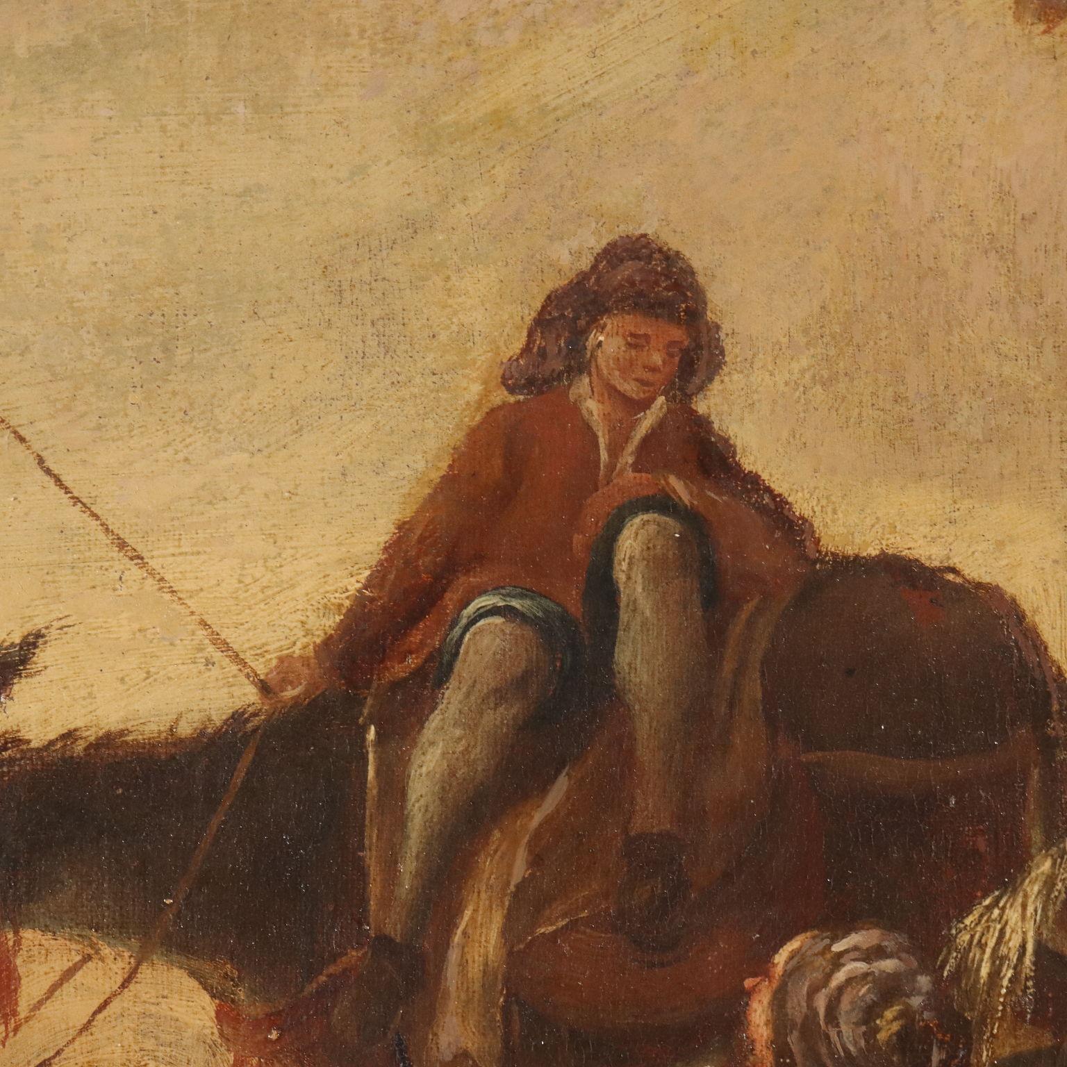 Huile sur toile. École d'Italie centrale des XVIIe et XVIIIe siècles.
Dans un paysage aux pentes rocailleuses et arides, un troupeau de bœufs et de chèvres est représenté au premier plan, gardé par un couple de bergers montés sur des ânes.
L'œuvre