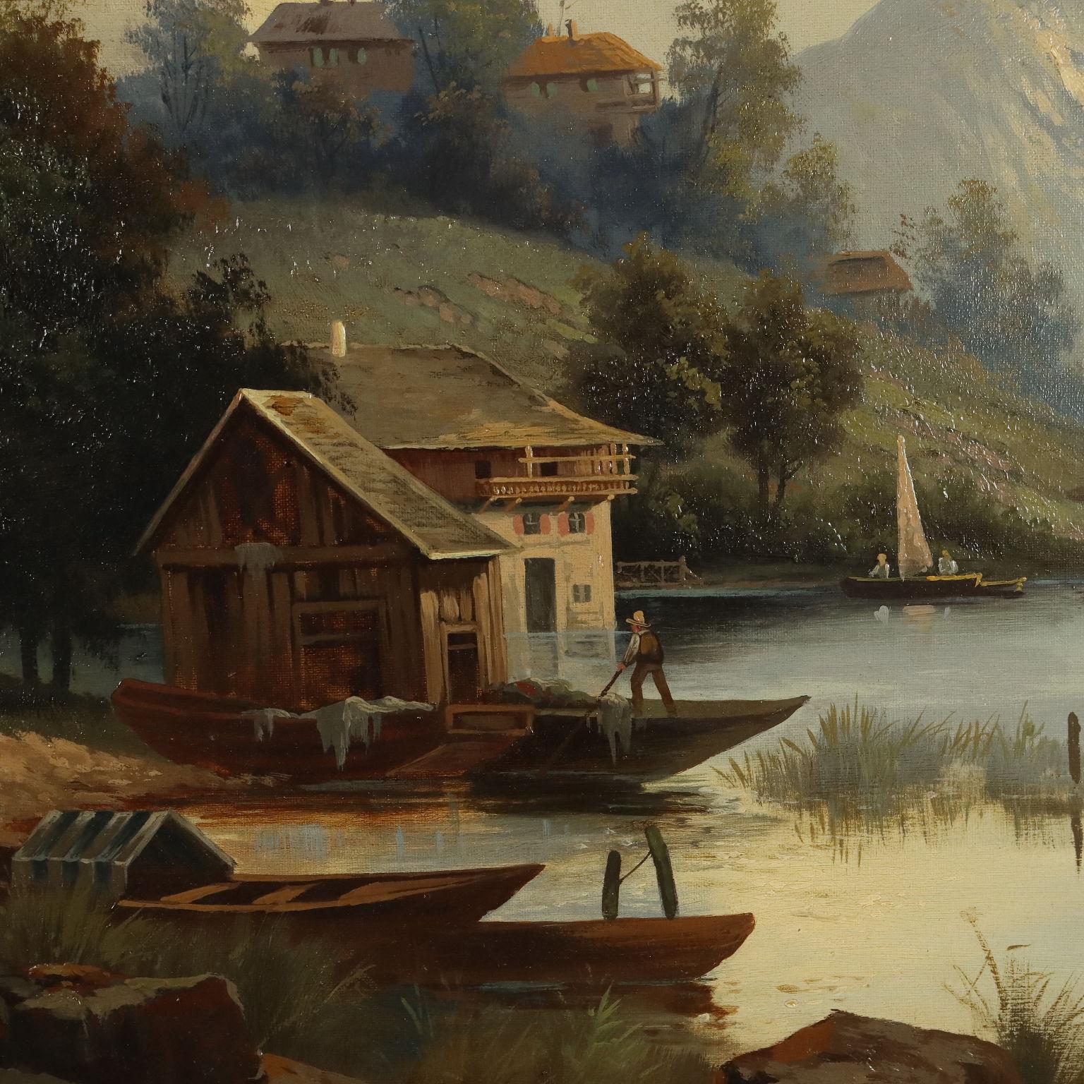 Dipinto Paesaggio con Casa sul Lago XX secolo - Painting Altro stile artistico di Unknown