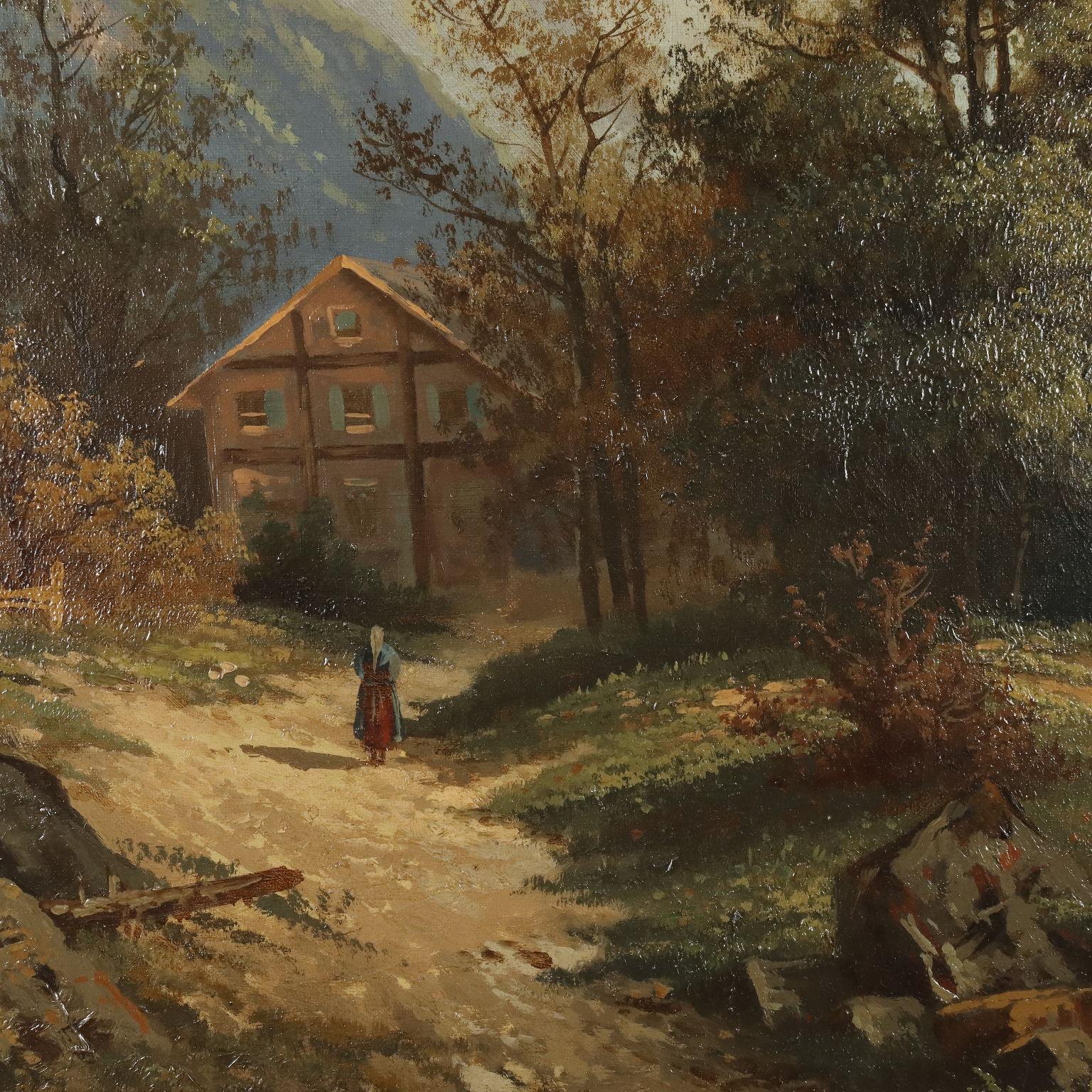 Dipinto Paesaggio con Casa sul Lago XX secolo - Landscape Painting Brown di Unknown