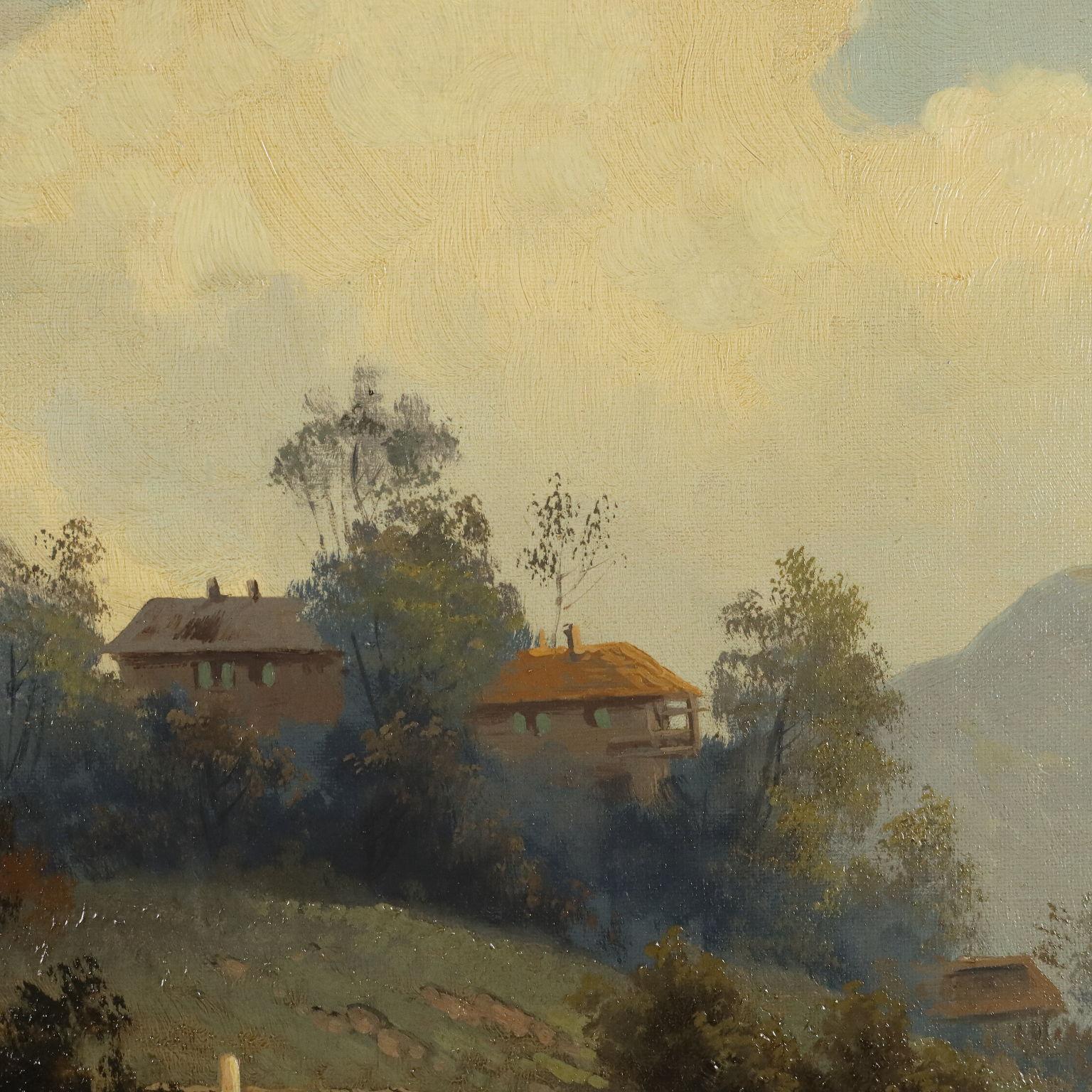 Dipinto Paesaggio con Casa sul Lago XX secolo in vendita 1