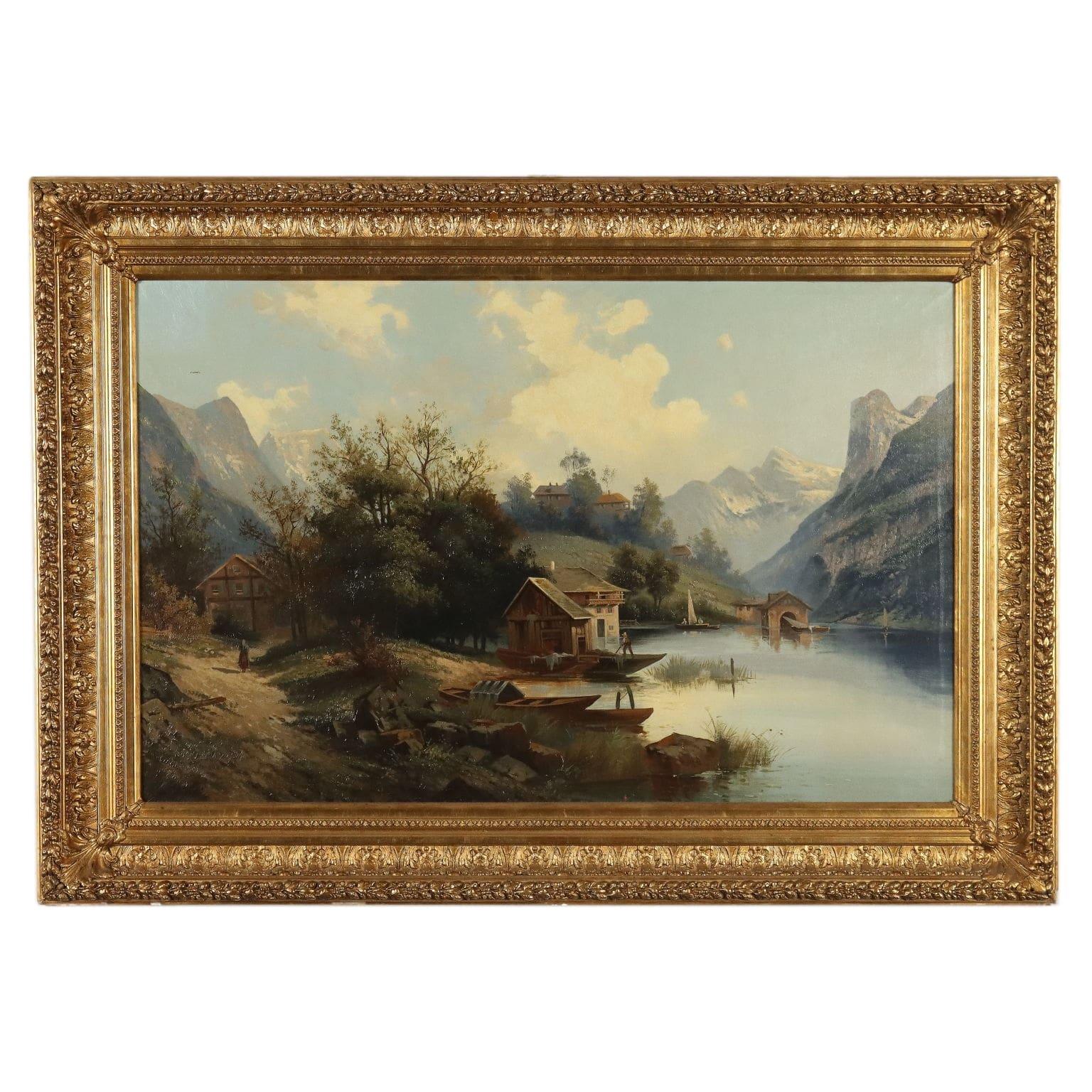 Landscape Painting di Unknown - Dipinto Paesaggio con Casa sul Lago XX secolo