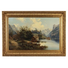 Painting Landscape with House on Lake 20th century