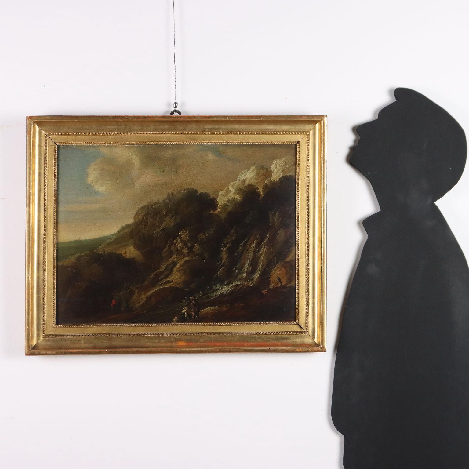 Gemälde Landschaft mit Wasserfall und Figuren 17. Jahrhundert – Painting von Unknown