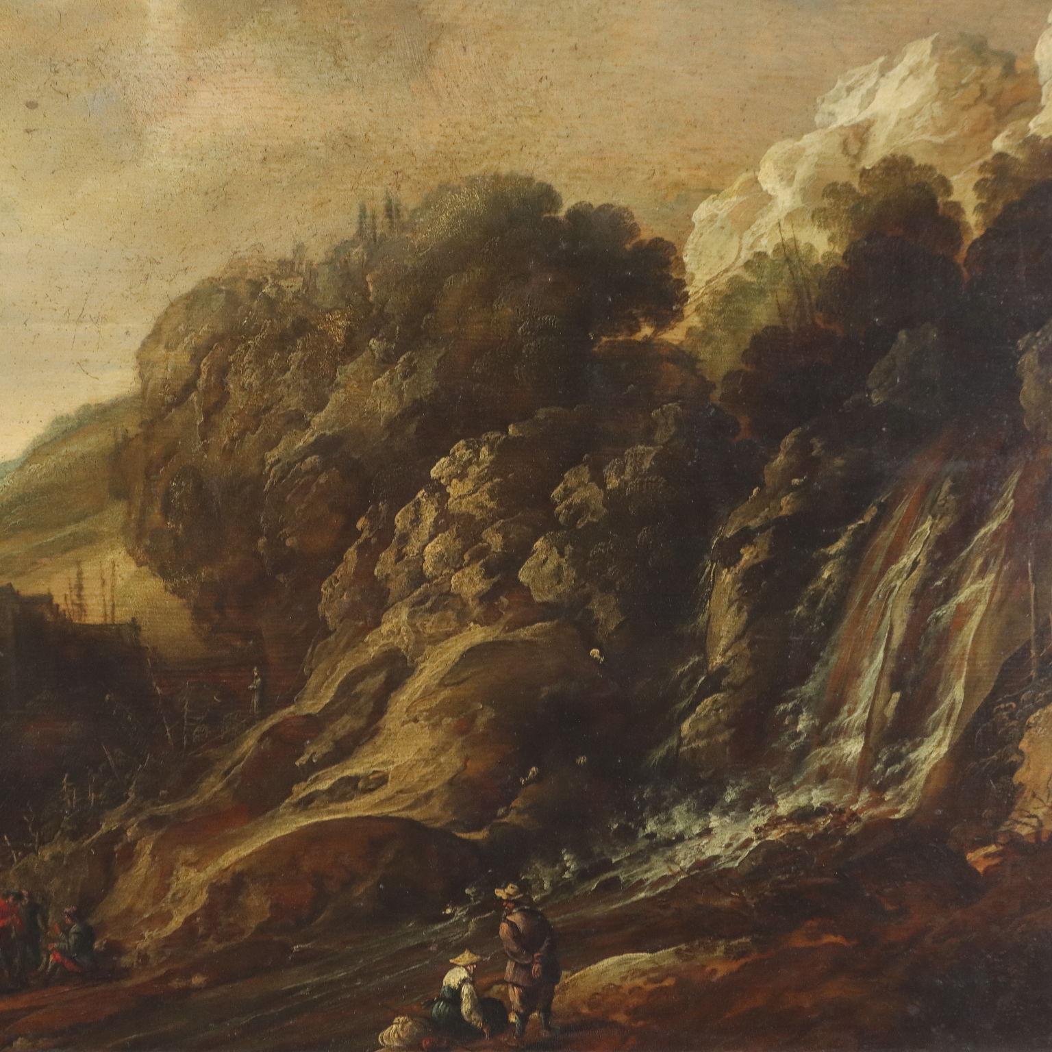Gemälde Landschaft mit Wasserfall und Figuren 17. Jahrhundert (Sonstige Kunststile), Painting, von Unknown