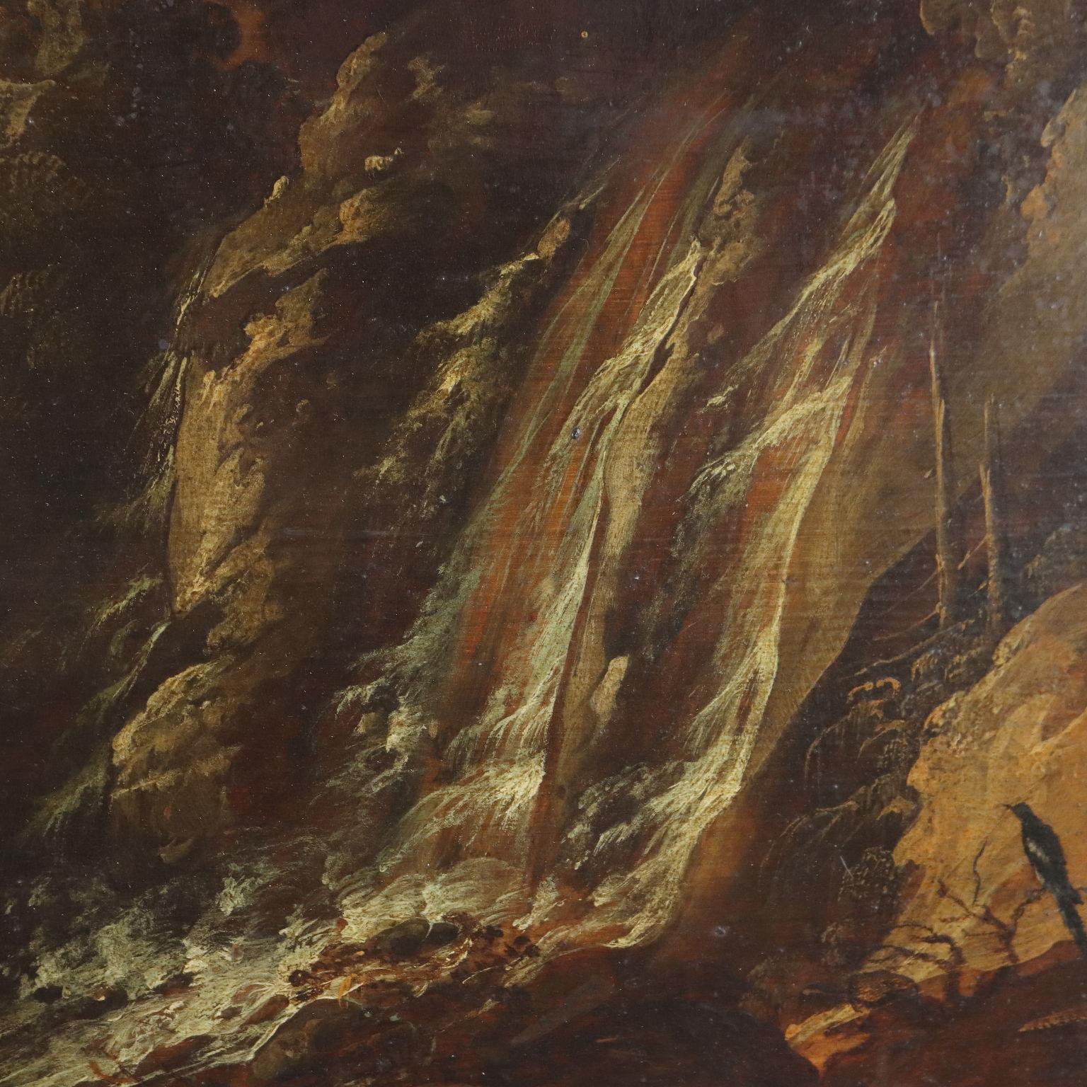 Gemälde Landschaft mit Wasserfall und Figuren 17. Jahrhundert (Brown), Landscape Painting, von Unknown