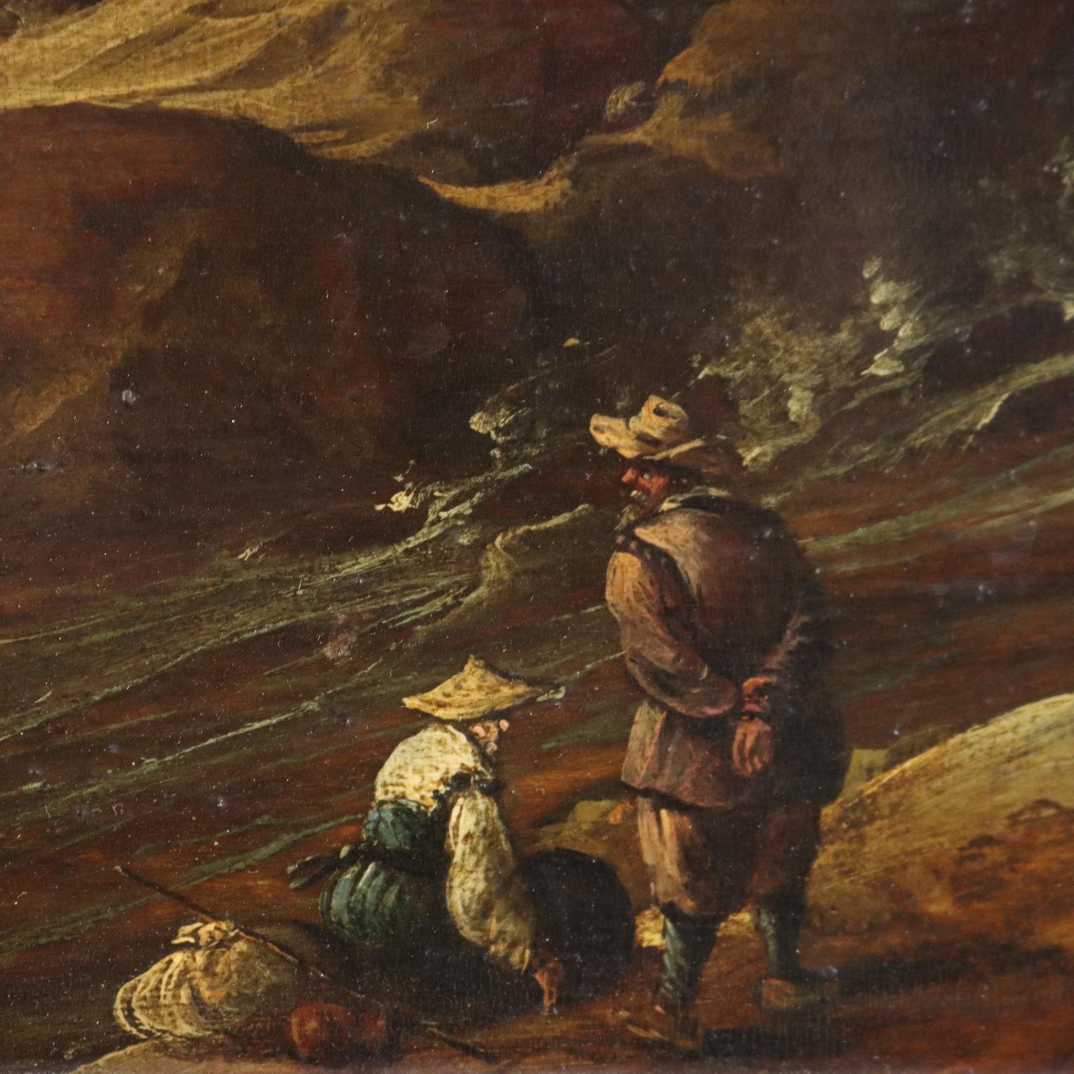 Öl auf Leinwand. Flämische Schule des 17. Jahrhunderts.
Auf der Rückseite befindet sich eine Sammlerkartusche.
In einer Hügellandschaft mit Felsen und Baumgruppen, oberhalb eines kleinen Dorfes auf der linken Seite, fließt ein Bach, der einen