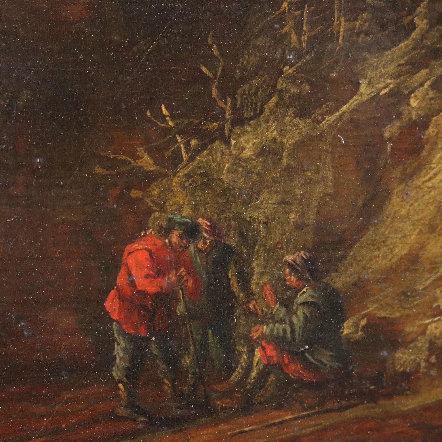 Gemälde Landschaft mit Wasserfall und Figuren 17. Jahrhundert im Angebot 1