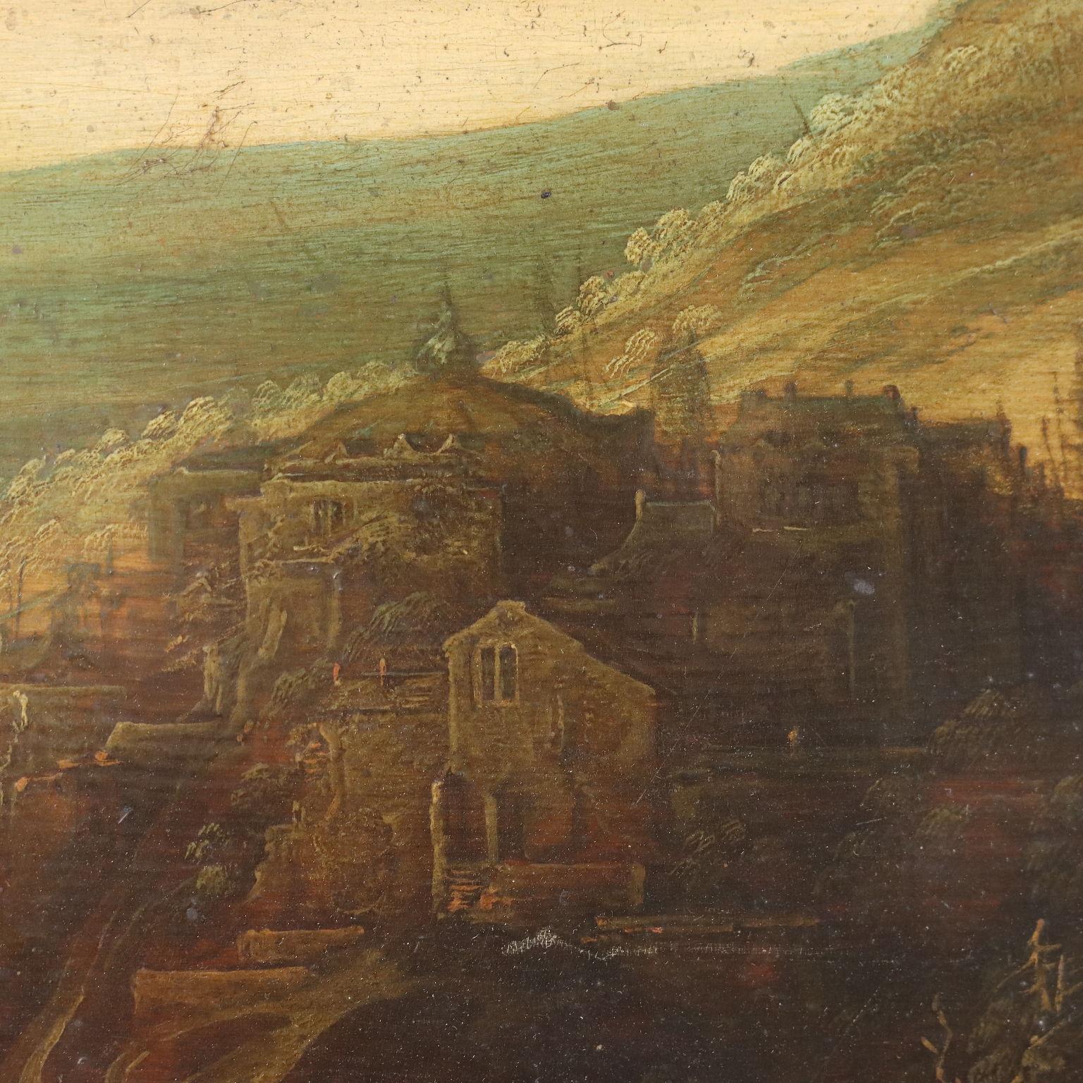 Gemälde Landschaft mit Wasserfall und Figuren 17. Jahrhundert im Angebot 2