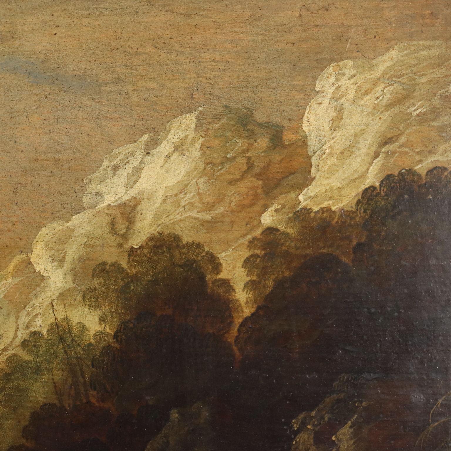 Gemälde Landschaft mit Wasserfall und Figuren 17. Jahrhundert im Angebot 3