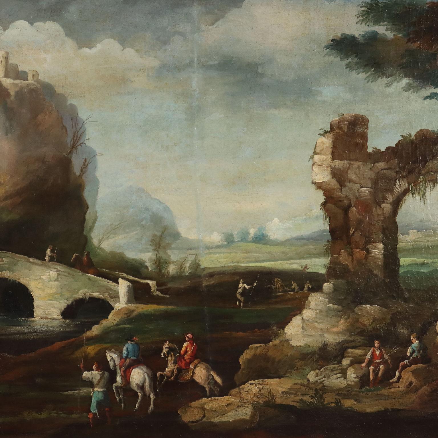 Gemalte Landschaft mit Rittern und Ruinen 18. Jahrhundert (Sonstige Kunststile), Painting, von Unknown