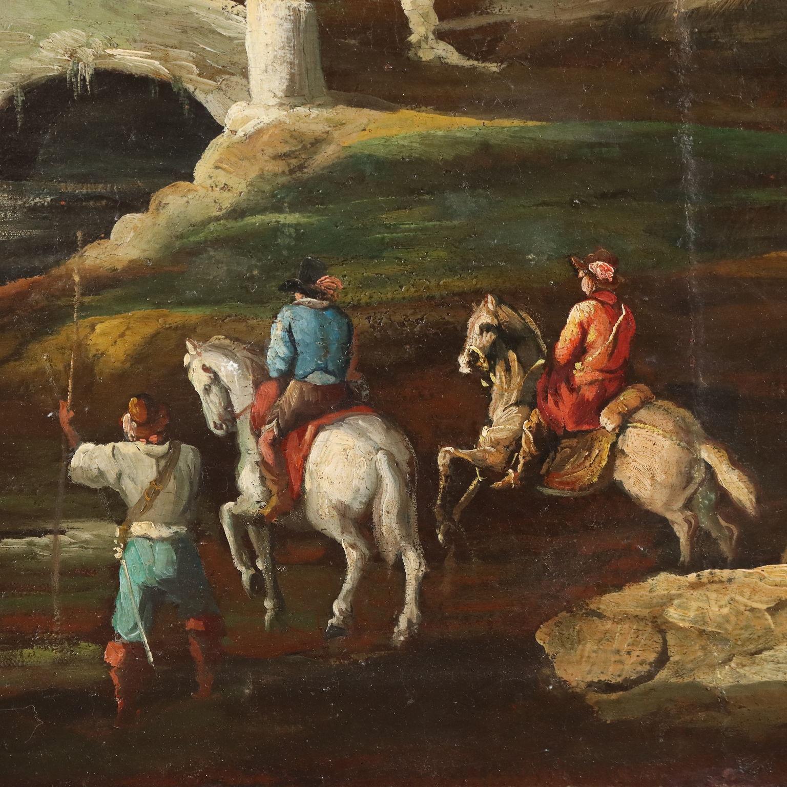 Gemalte Landschaft mit Rittern und Ruinen 18. Jahrhundert (Brown), Landscape Painting, von Unknown
