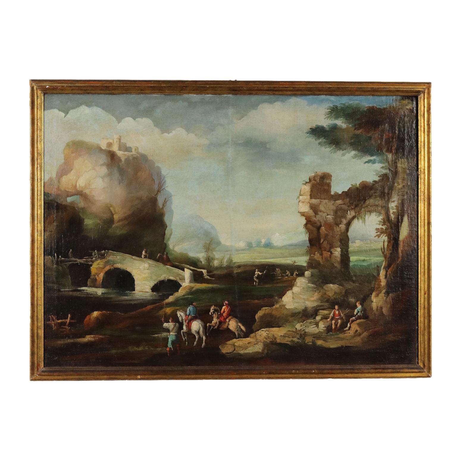 Unknown Landscape Painting – Gemalte Landschaft mit Rittern und Ruinen 18. Jahrhundert