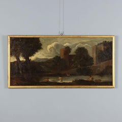 Gemälde „Landschaft mit Gebäuden und Badenden“, Öl auf Leinwand. Italienische Schule des 18. Jahrhunderts