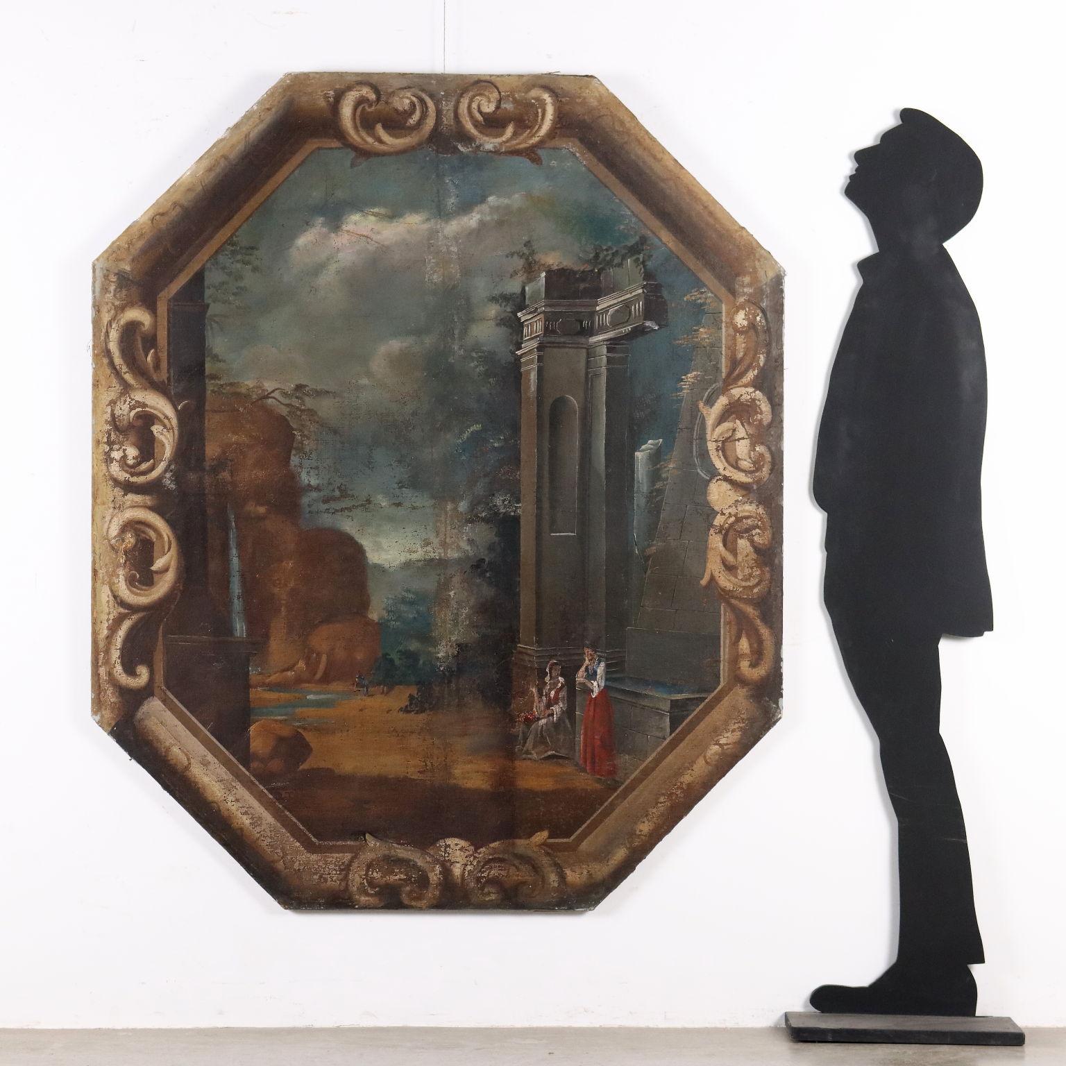 Landschaftsmalerei mit Gebäuden und Figuren 18. Jahrhundert – Painting von Unknown
