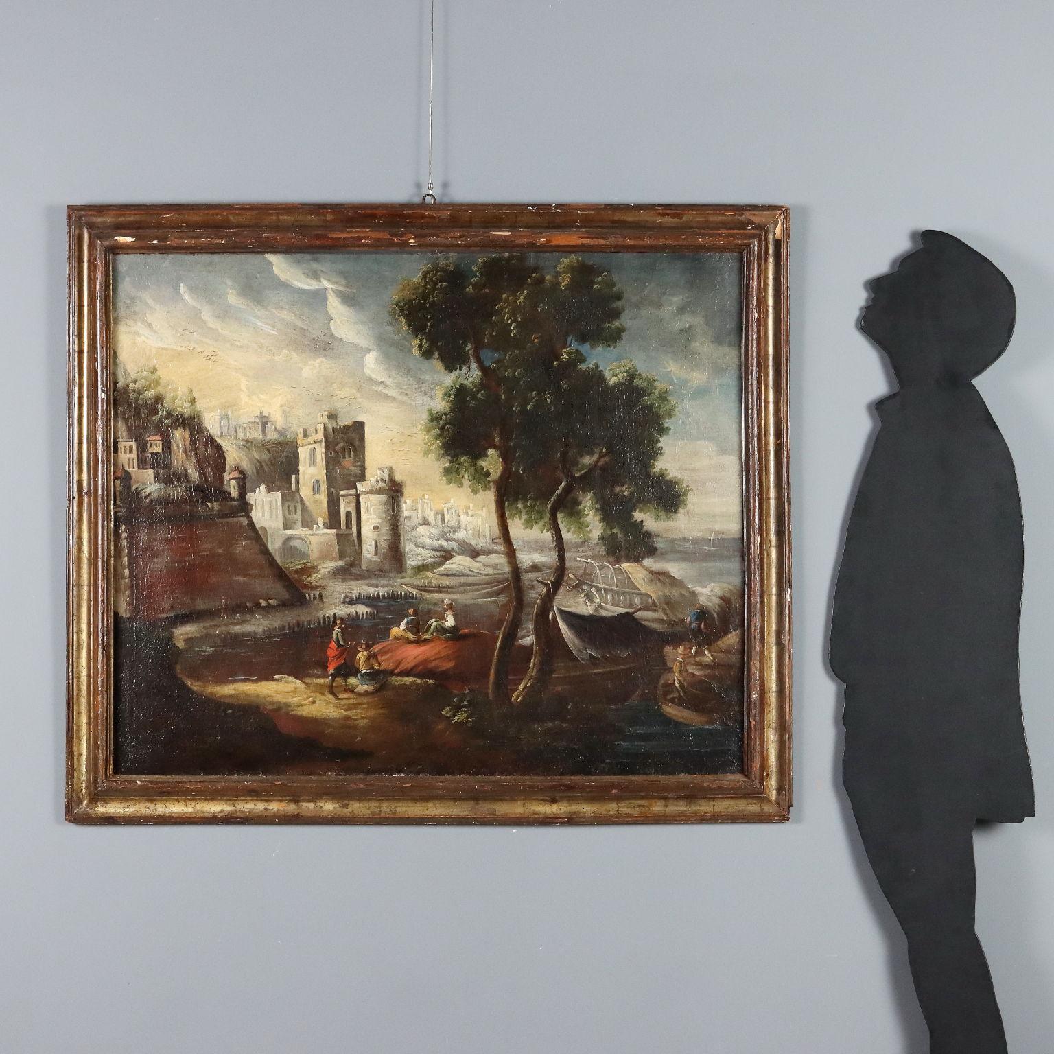 Dipinto Paesaggio con Edifici e Figure XVIII secolo - Painting by Unknown