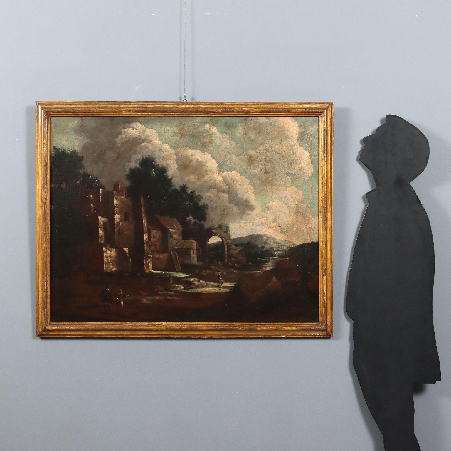 Dipinto Paesaggio con Edifici e Figure XVIII secolo - Painting de Unknown