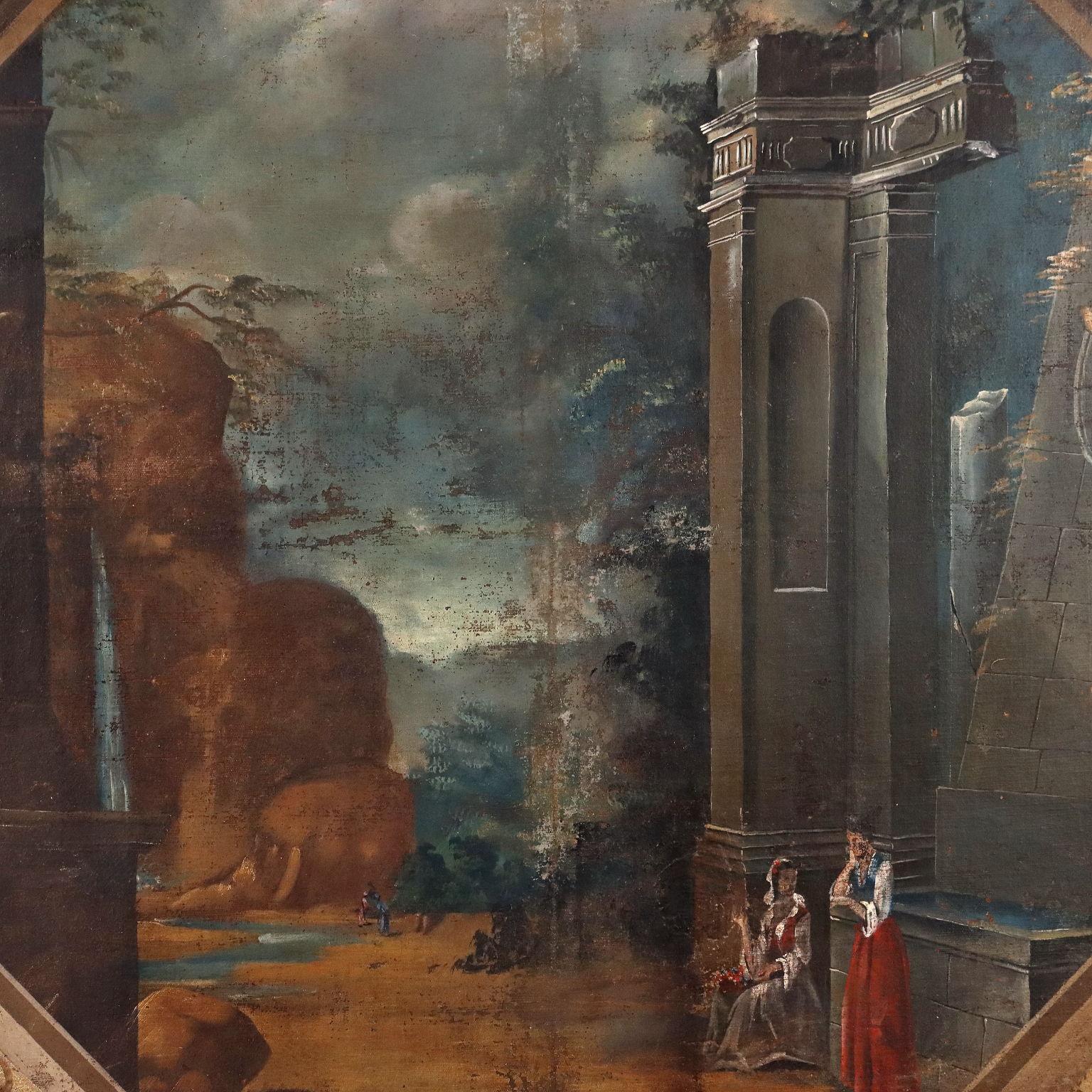 Landschaftsmalerei mit Gebäuden und Figuren 18. Jahrhundert (Sonstige Kunststile), Painting, von Unknown
