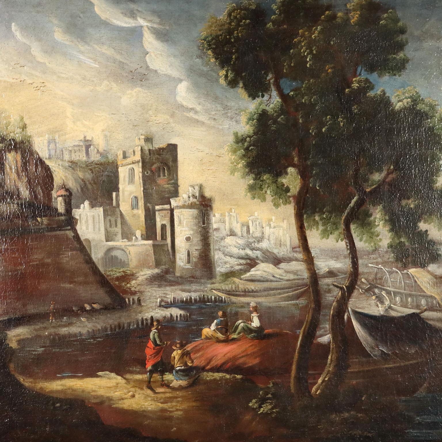 Dipinto Paesaggio con Edifici e Figure XVIII secolo - Other Art Style Painting by Unknown