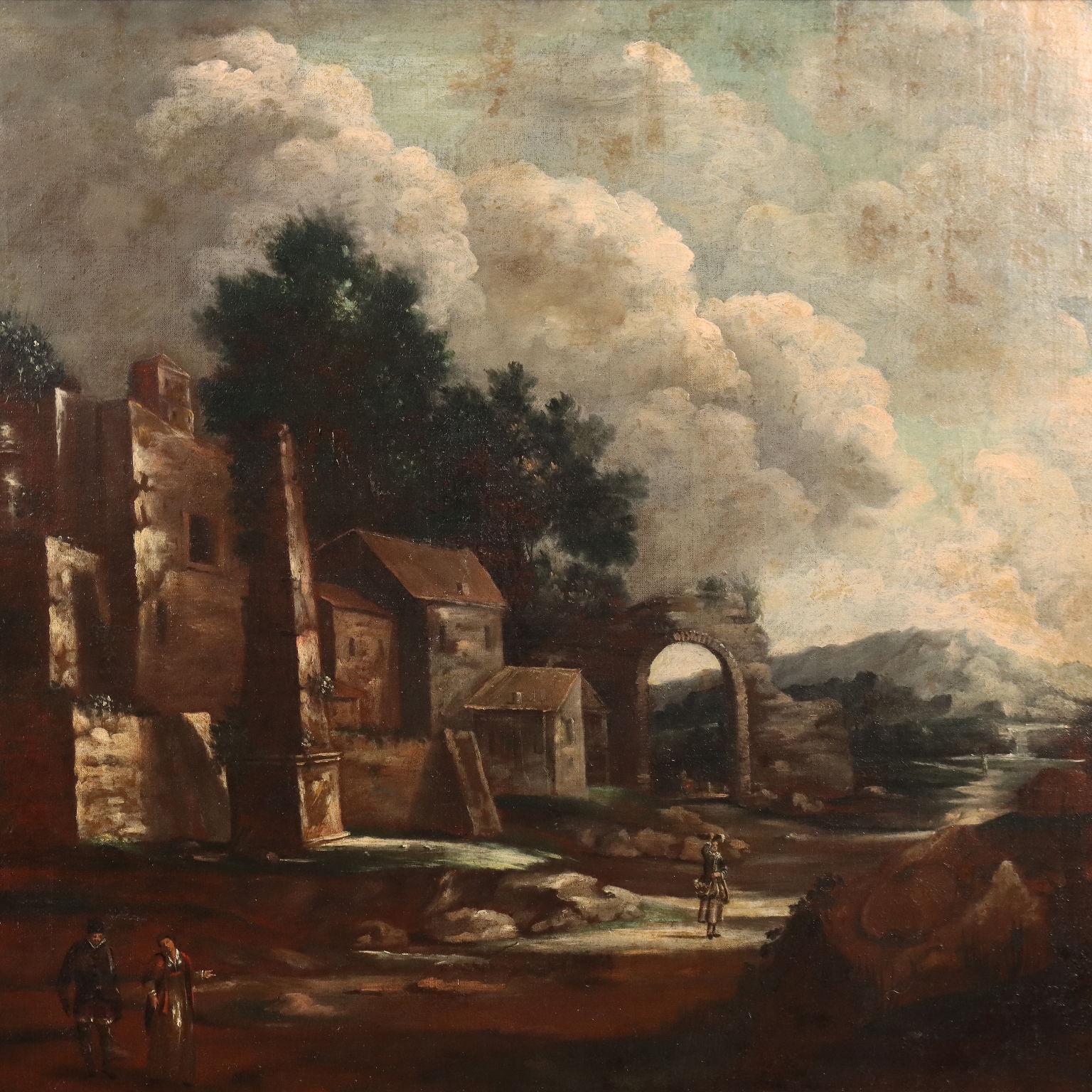 Dipinto Paesaggio con Edifici e Figure XVIII secolo - Autres styles artistiques Painting par Unknown