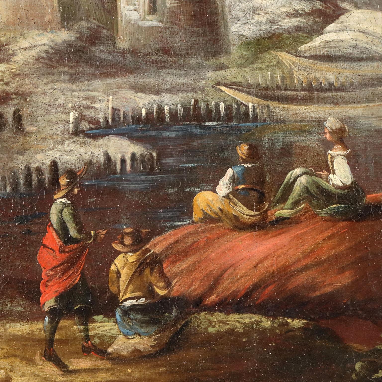 Dipinto Paesaggio con Edifici e Figure XVIII secolo - Gray Landscape Painting by Unknown