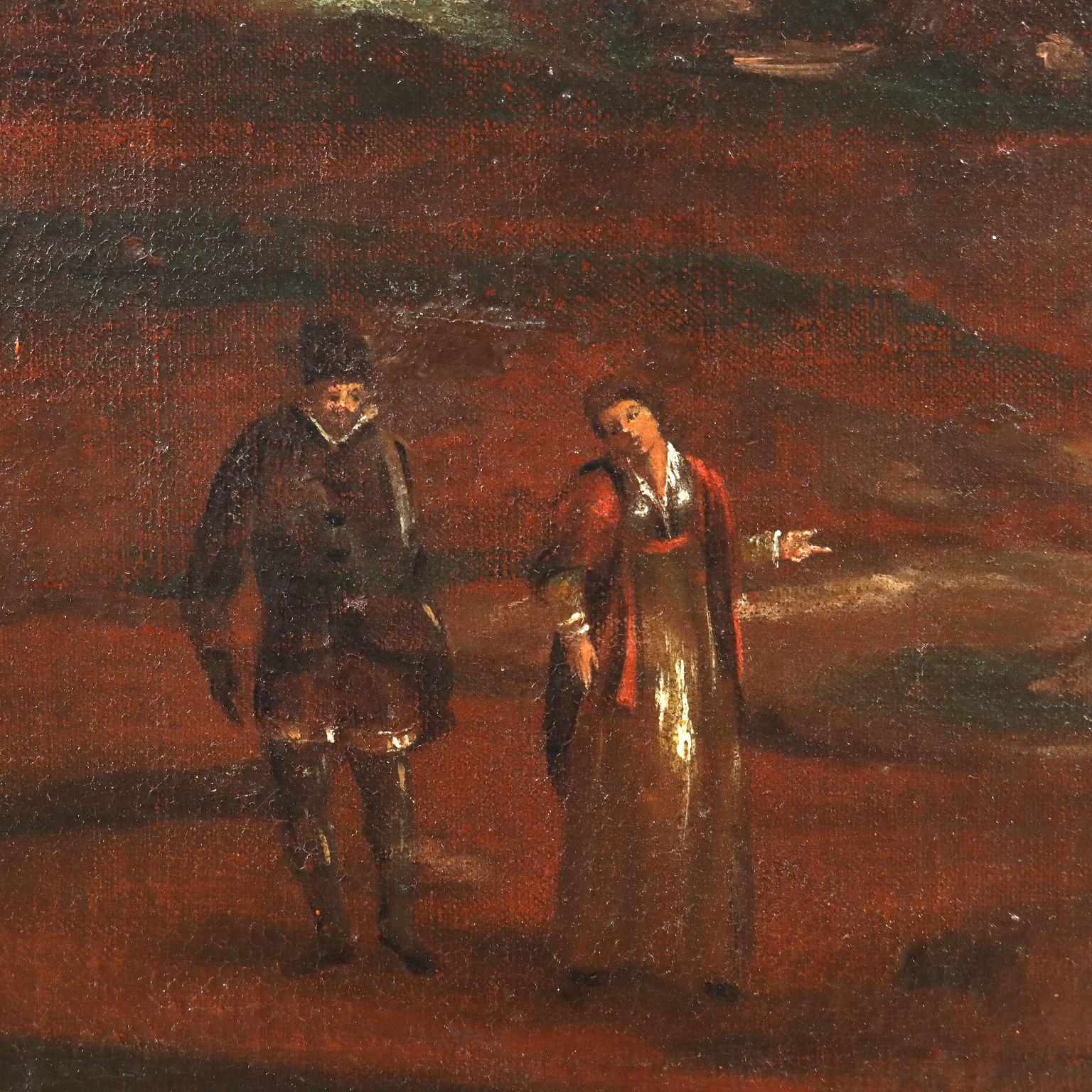 Dipinto Paesaggio con Edifici e Figure XVIII secolo - Gris Landscape Painting par Unknown