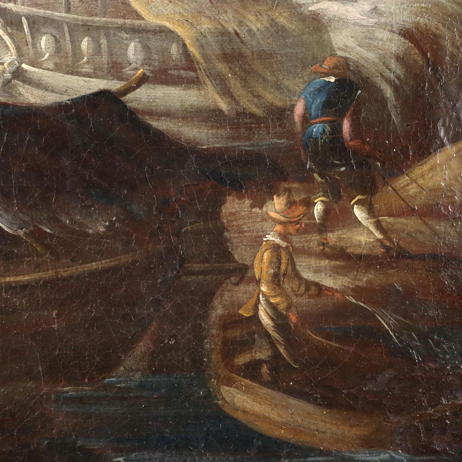 Olio su tela. Scuola nord-italiana dell' inizio XVIII secolo.
Nel paesaggio su rilievi collinari rocciosi   è collocato  un borgo di edifici turriti, che si erge  in prossimità di una costa marittima, visibile sullo sfondo a destra; in primo piano,