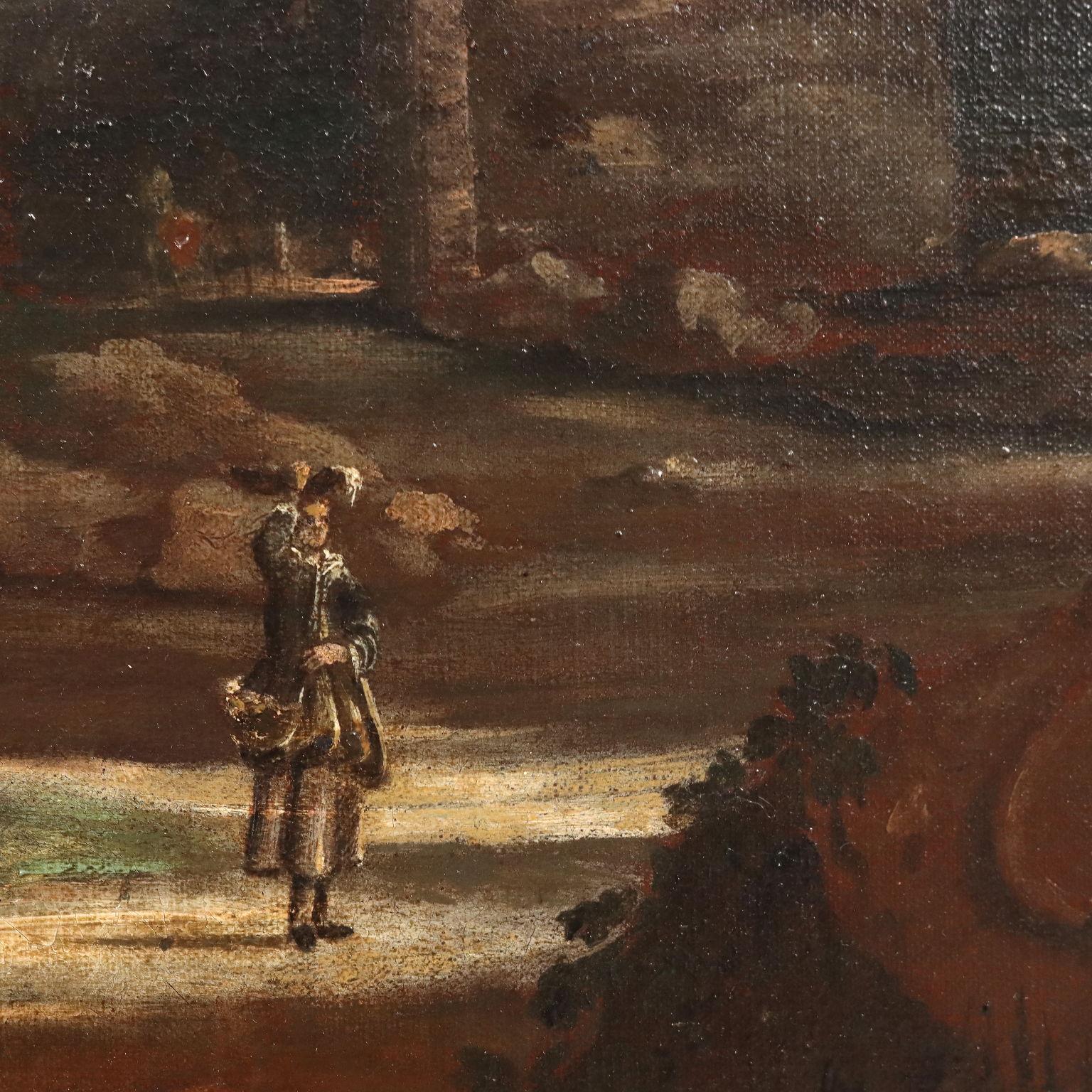 Olio su tela.
Paesaggio di Campagna in cui scorre un piccolo corso d'acqua, in prossimità del quale si erge un aggregato di edifici rurali ; sul sentiero alcune figure.
L'opéra présente des traces de restauro pregresso et de ritelatura. Macchie di