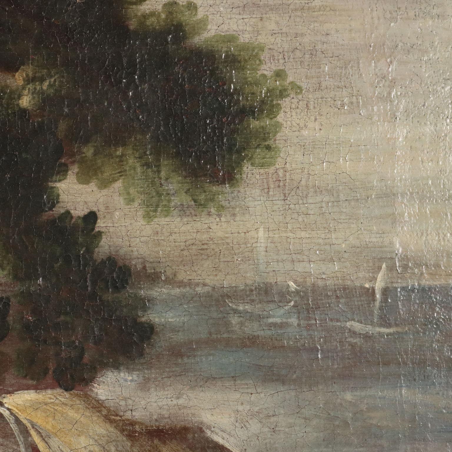 Dipinto Paesaggio con Edifici e Figure XVIII secolo For Sale 1