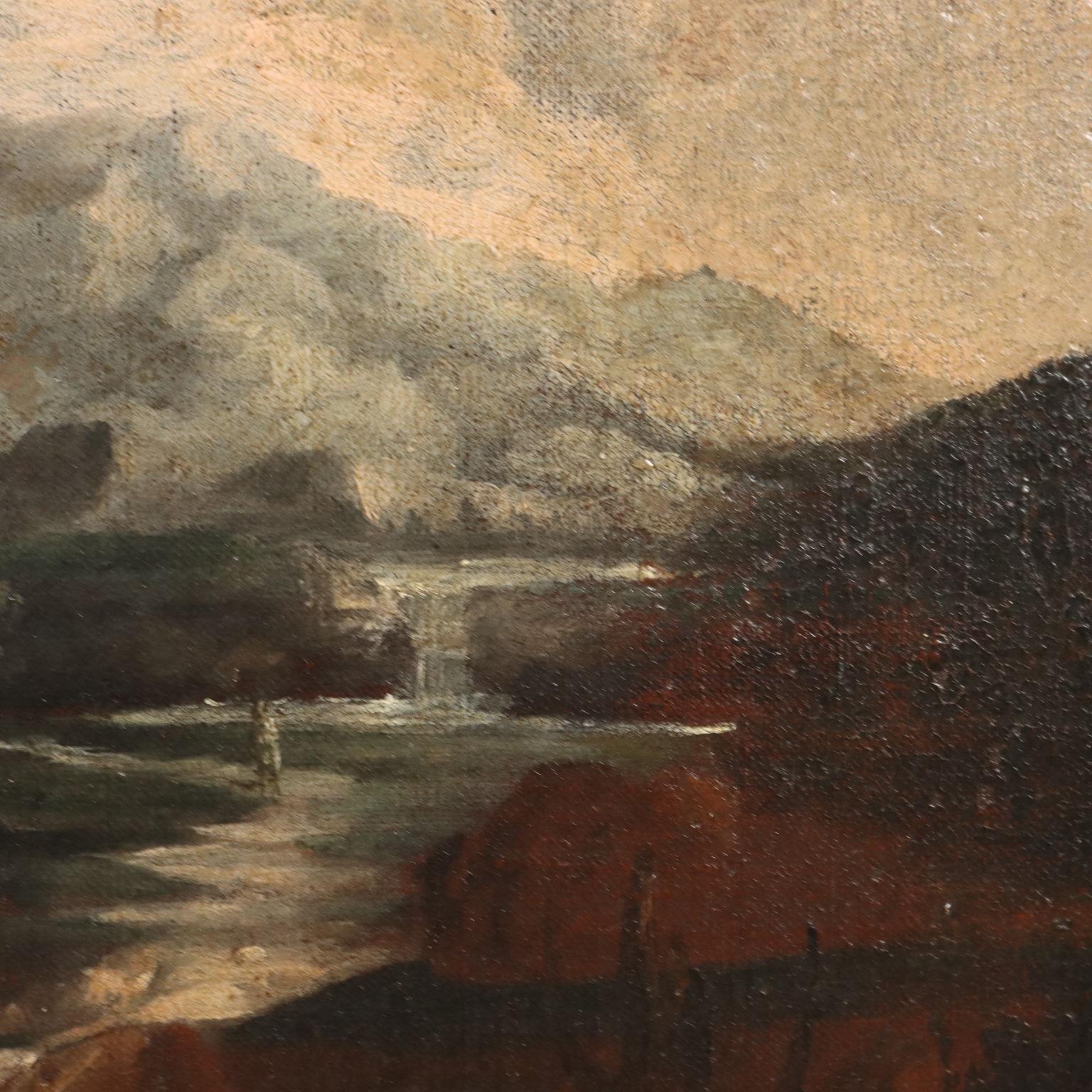 Dipinto Paesaggio con Edifici e Figure XVIII secolo en vente 1