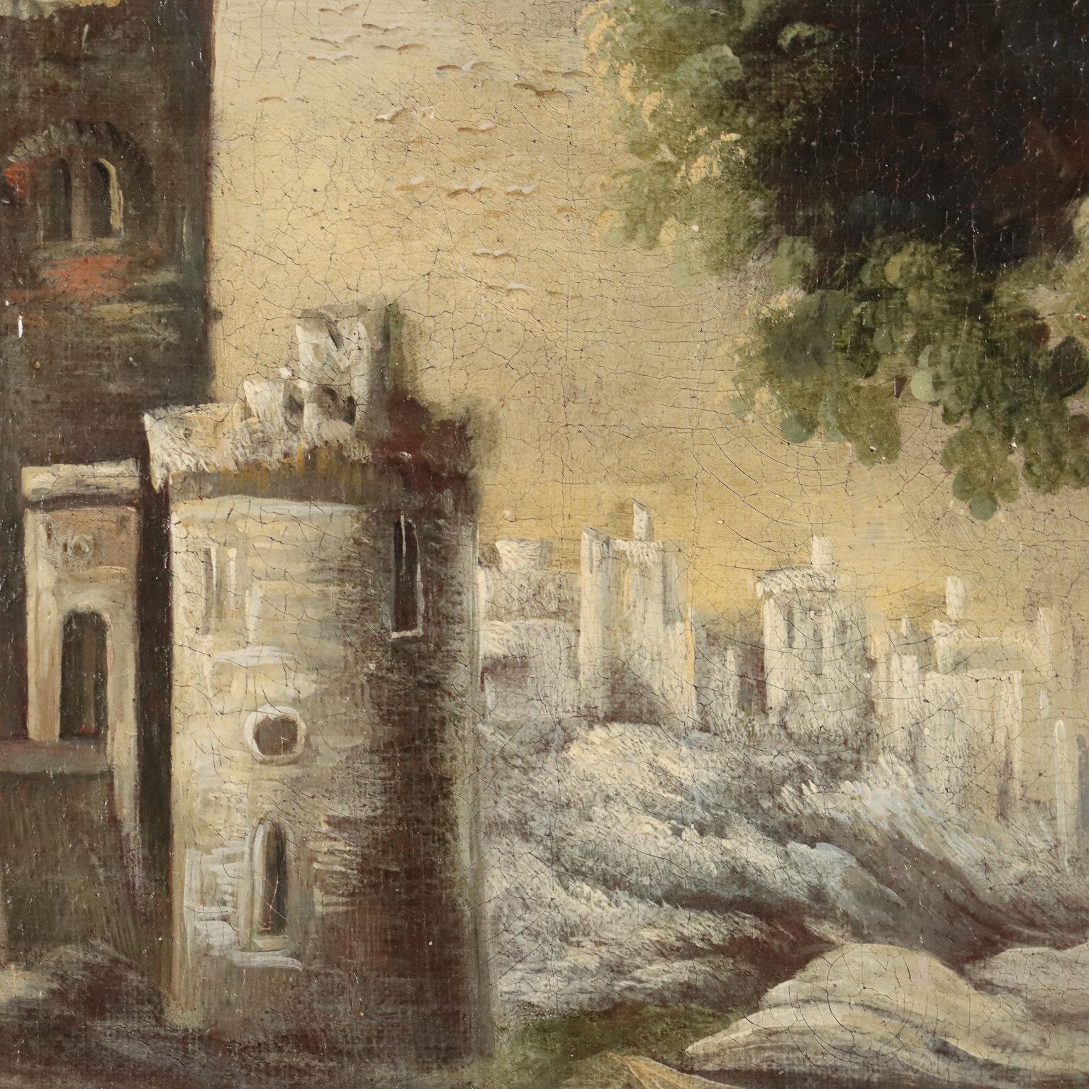 Dipinto Paesaggio con Edifici e Figure XVIII secolo For Sale 2