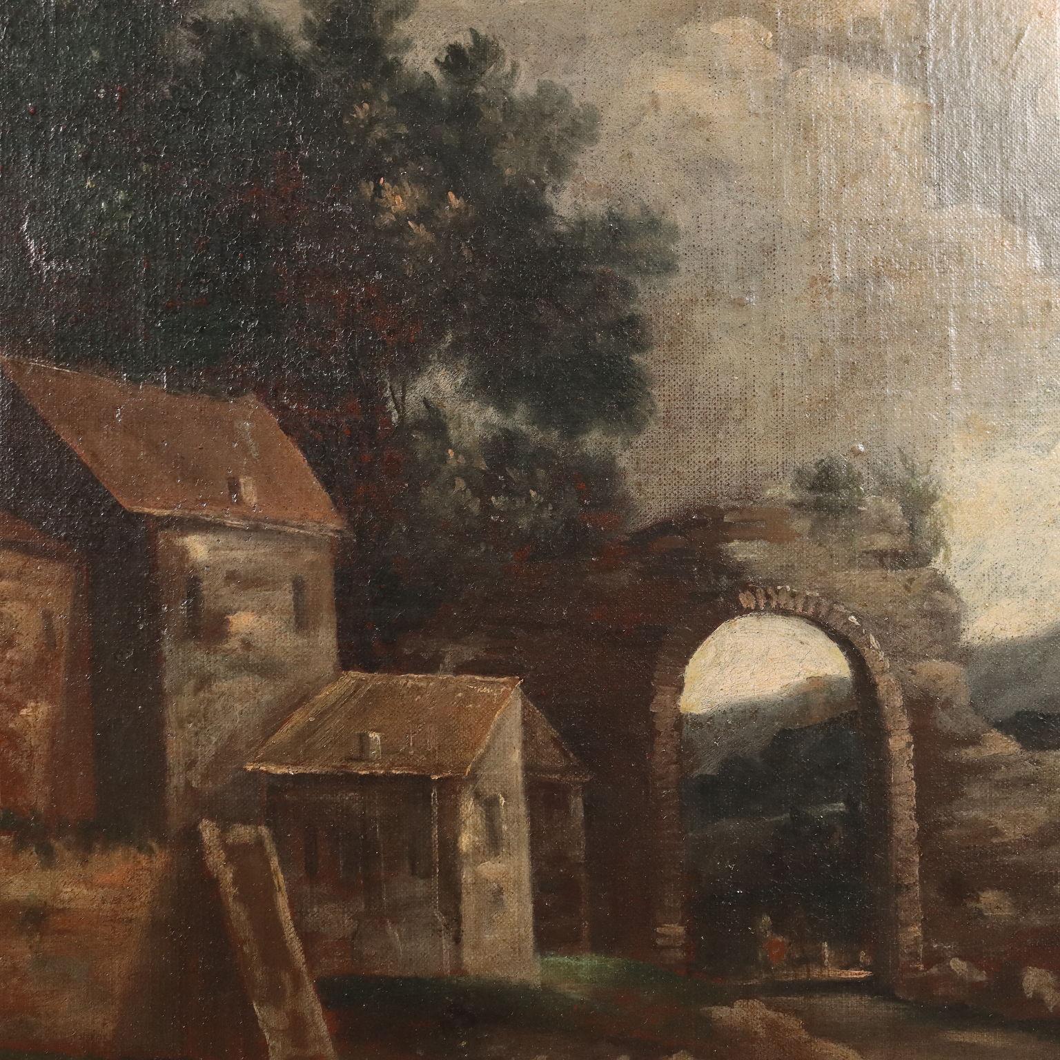 Dipinto Paesaggio con Edifici e Figure XVIII secolo en vente 2