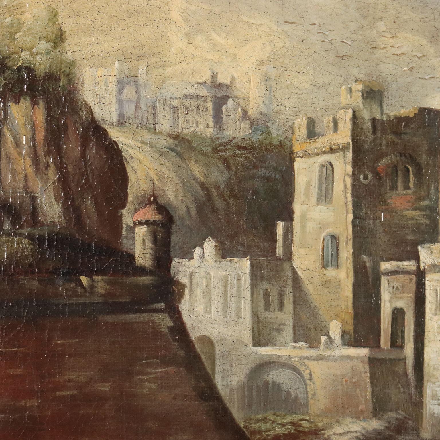 Dipinto Paesaggio con Edifici e Figure XVIII secolo For Sale 3